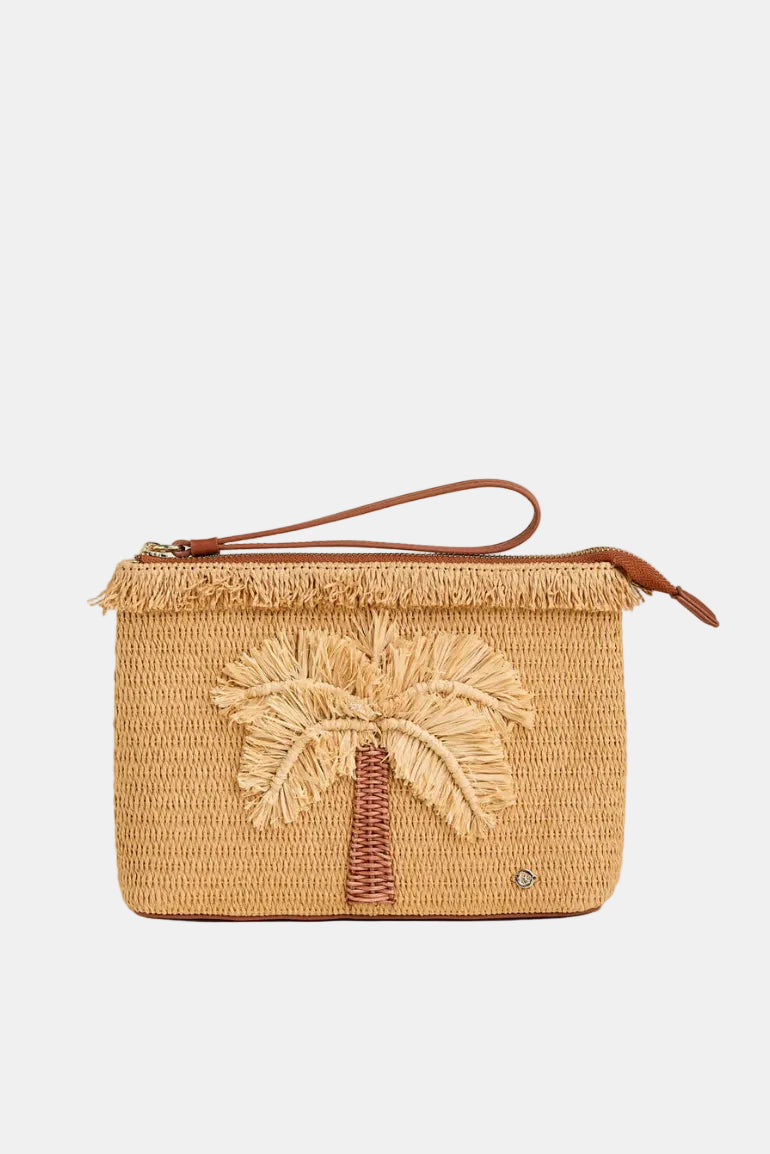 Woven handbag with palm tree design on a beige background