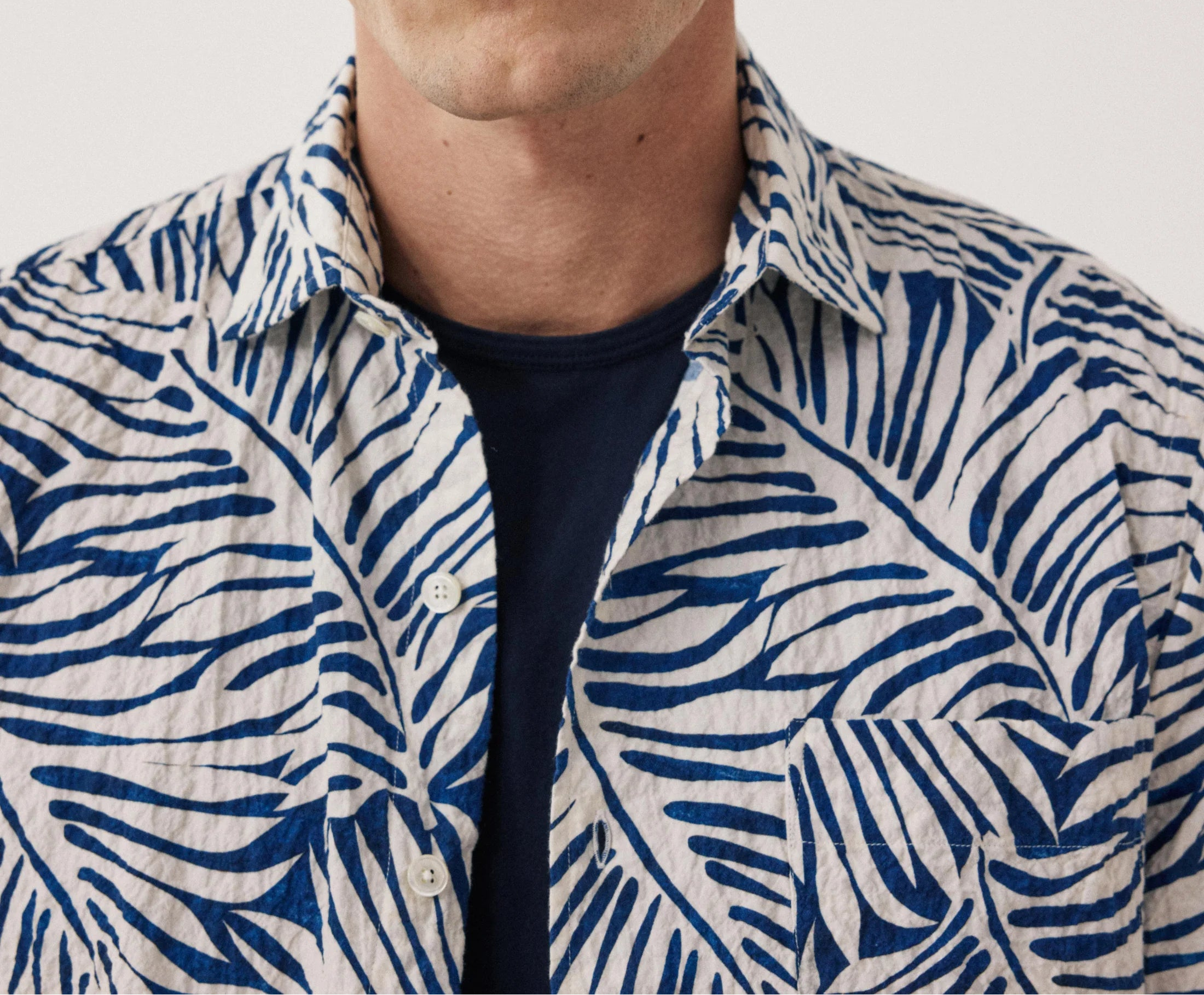 Man wearing a blue and white patterned shirt against a light background