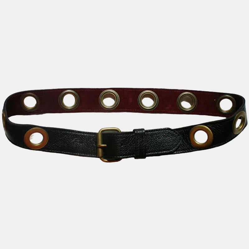 Black leather belt with gold eyelets and buckle on a white background