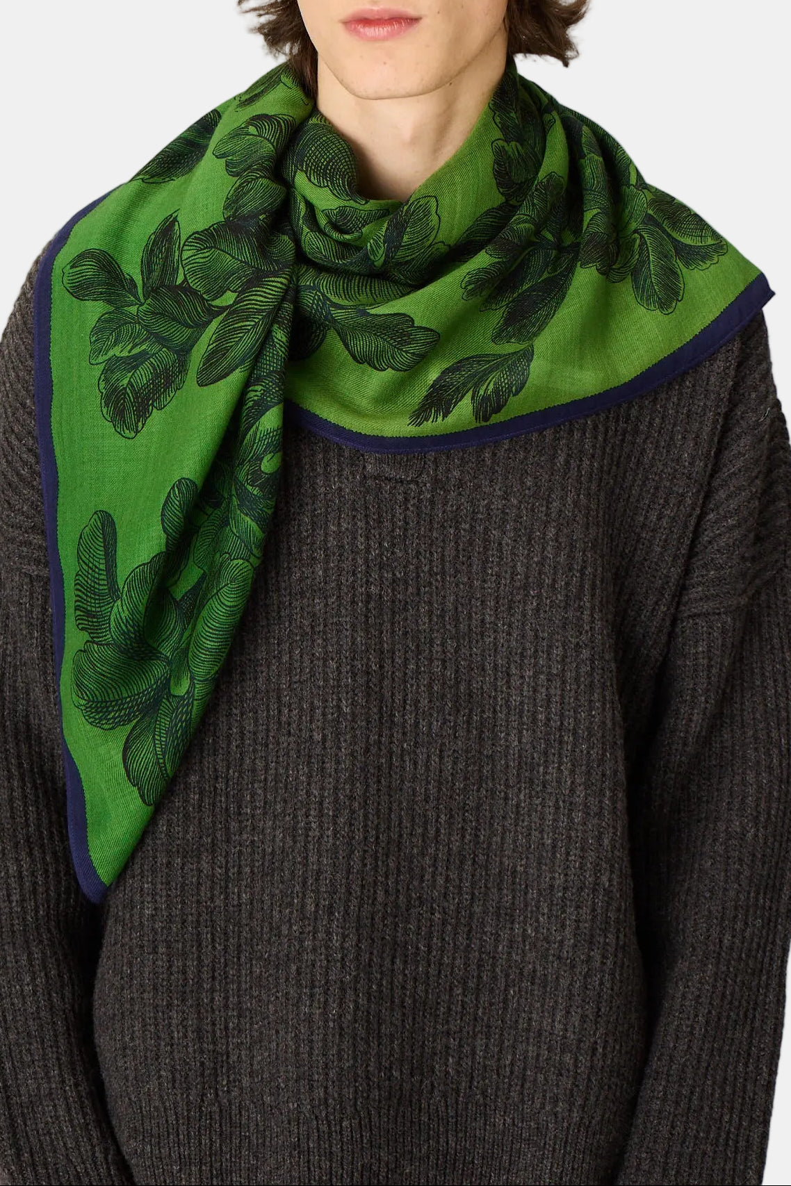A man wearing a dark gray ribbed sweater and a green scarf with a dark green leaf pattern and a thin dark blue border, photographed against a neutral light gray background.
