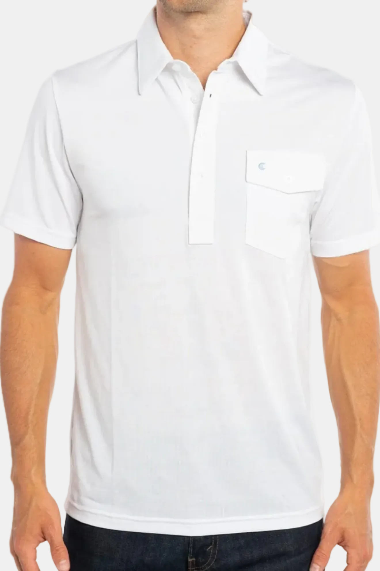A white performance players shirt with a collar, short sleeves, and a pocket on the chest.