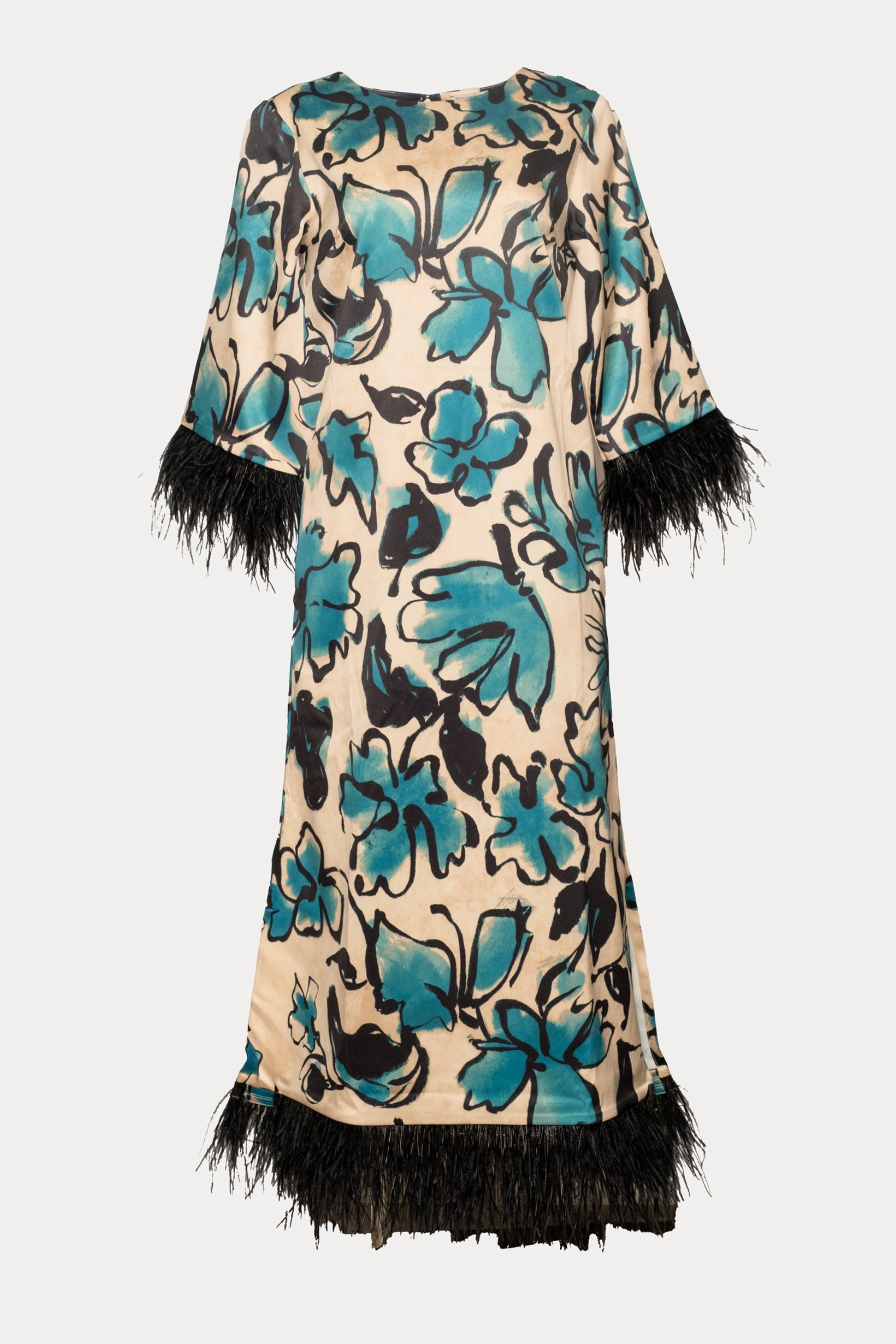 Belle Maxi Dress w/Feathers Abstract Meadow Dutch Satin Teal/Camel