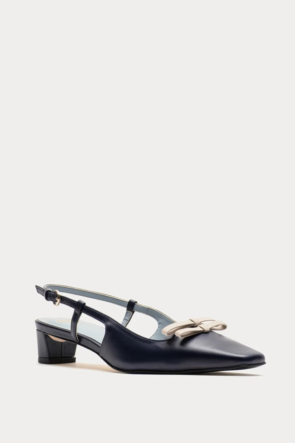 Black high-heeled shoe with a bow on a white background