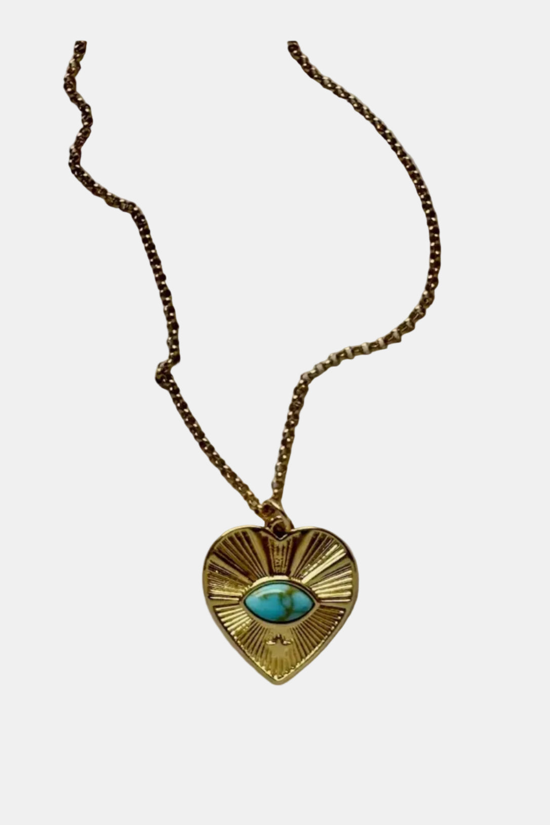 Gold heart-shaped necklace with a turquoise stone on a light gray background