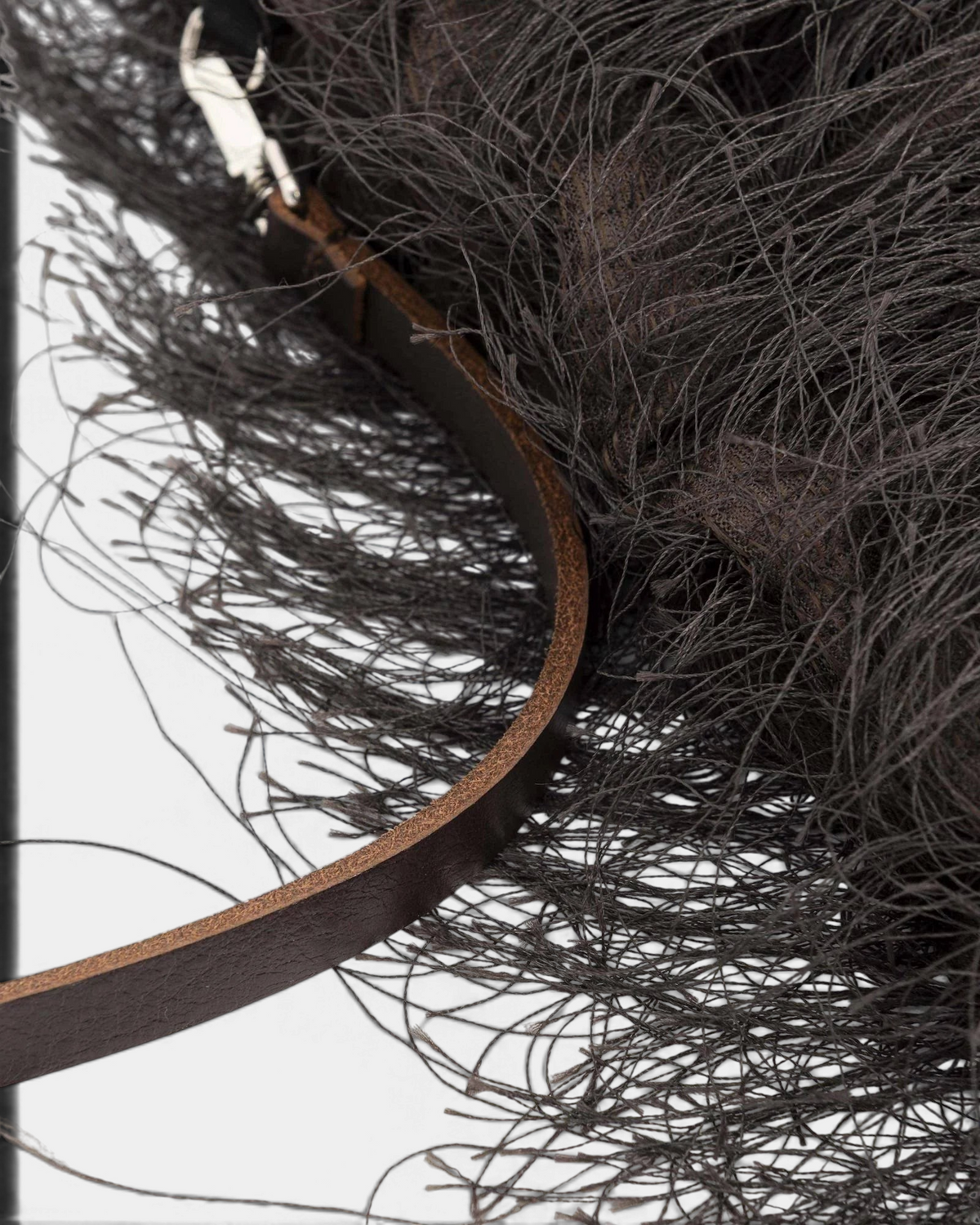 Close-up of a black feathered hat with a brown band on a white background