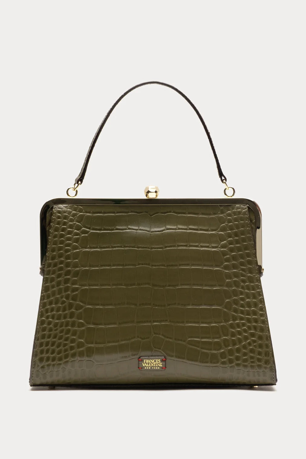 An olive green crocodile-embossed handbag with a top handle, gold-tone clasp, and a small gold brand plaque on the front, set against a plain light gray background.