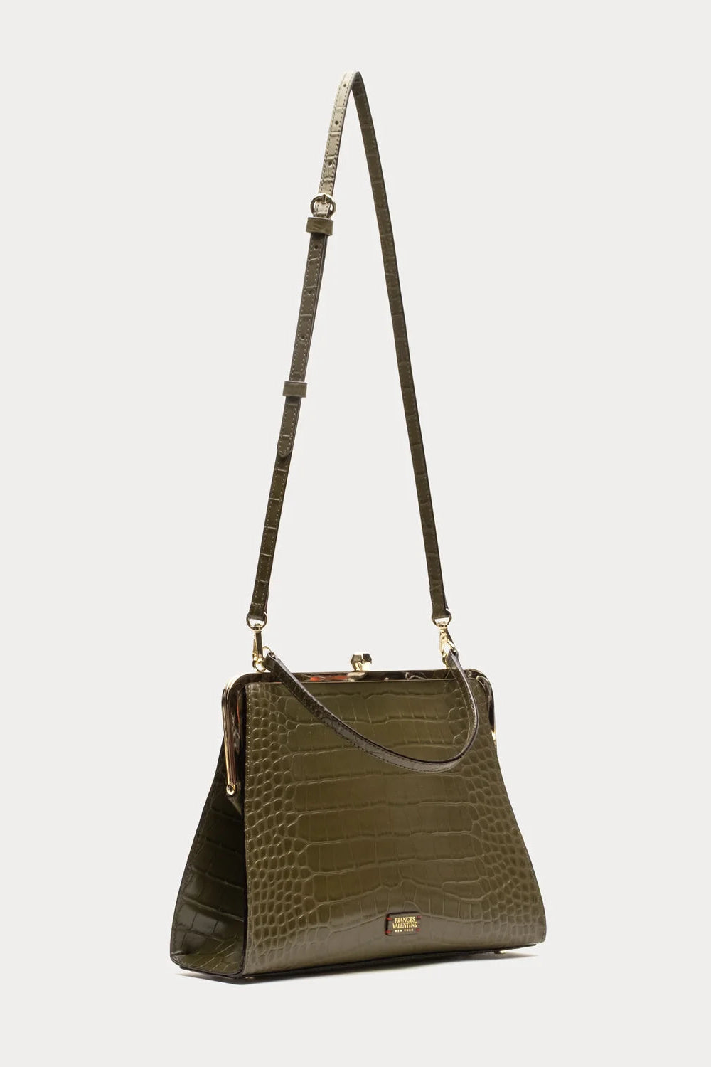An olive green crocodile-embossed leather shoulder bag with a matching adjustable shoulder strap and gold-tone hardware, shown against a plain light gray background.