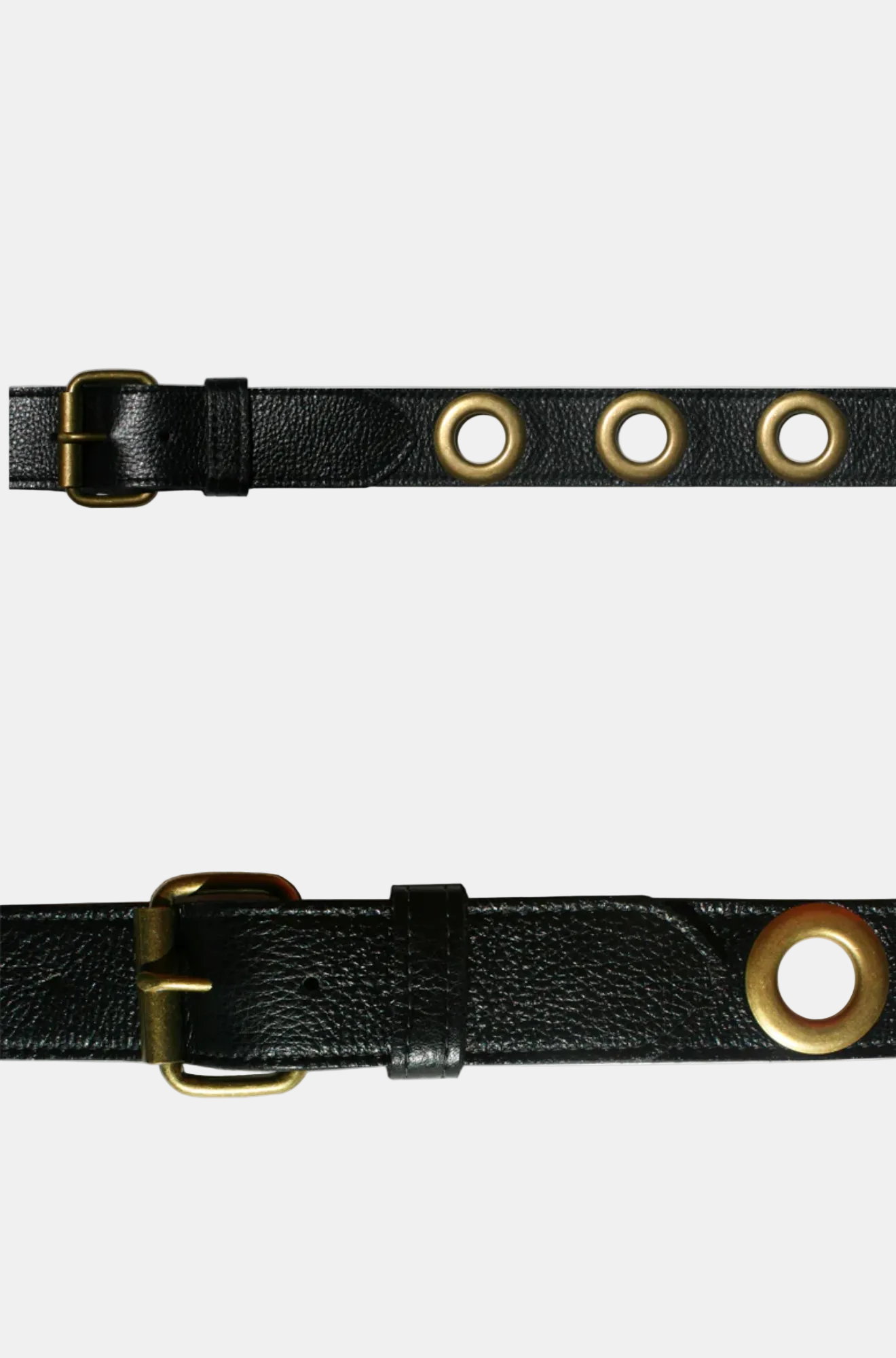 Black leather belt with gold eyelets and buckles on a white background