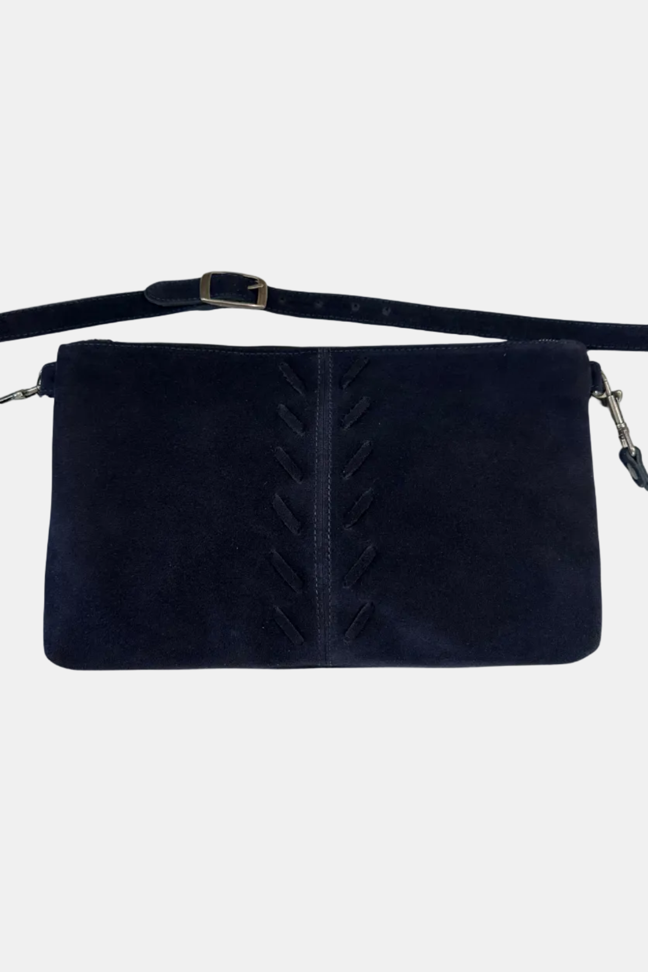Navy blue suede handbag with a strap on a white background