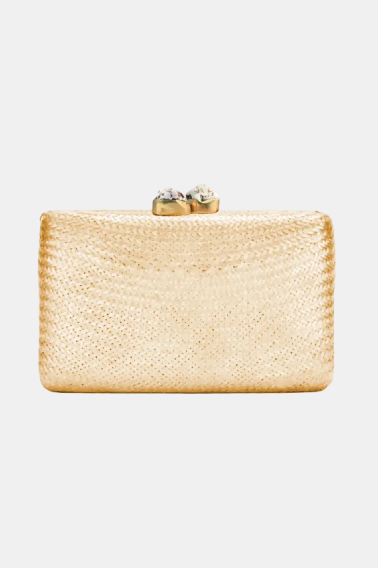 Gold clutch bag with a textured surface on a white background