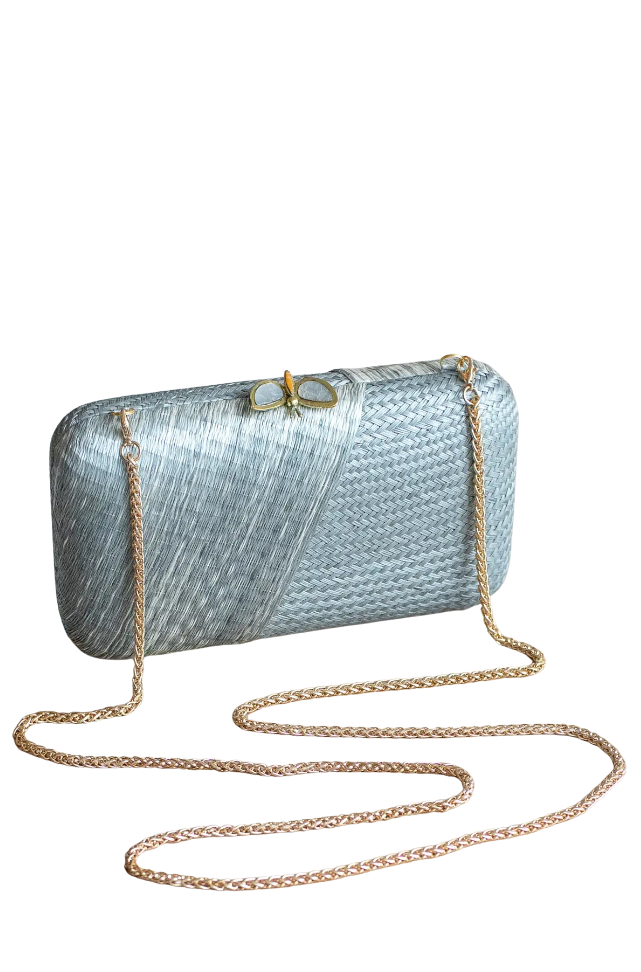 Silver clutch bag with a chain strap on a white background