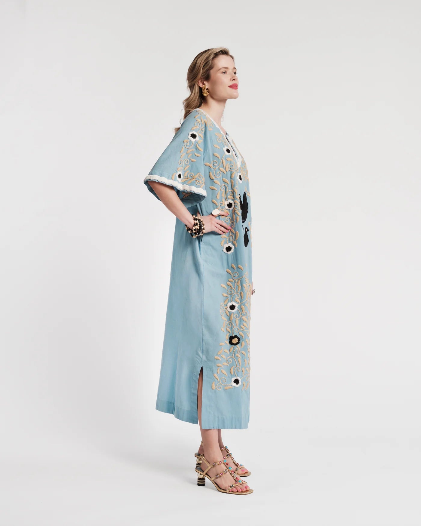 Peacock Caftan Embroidery Cotton