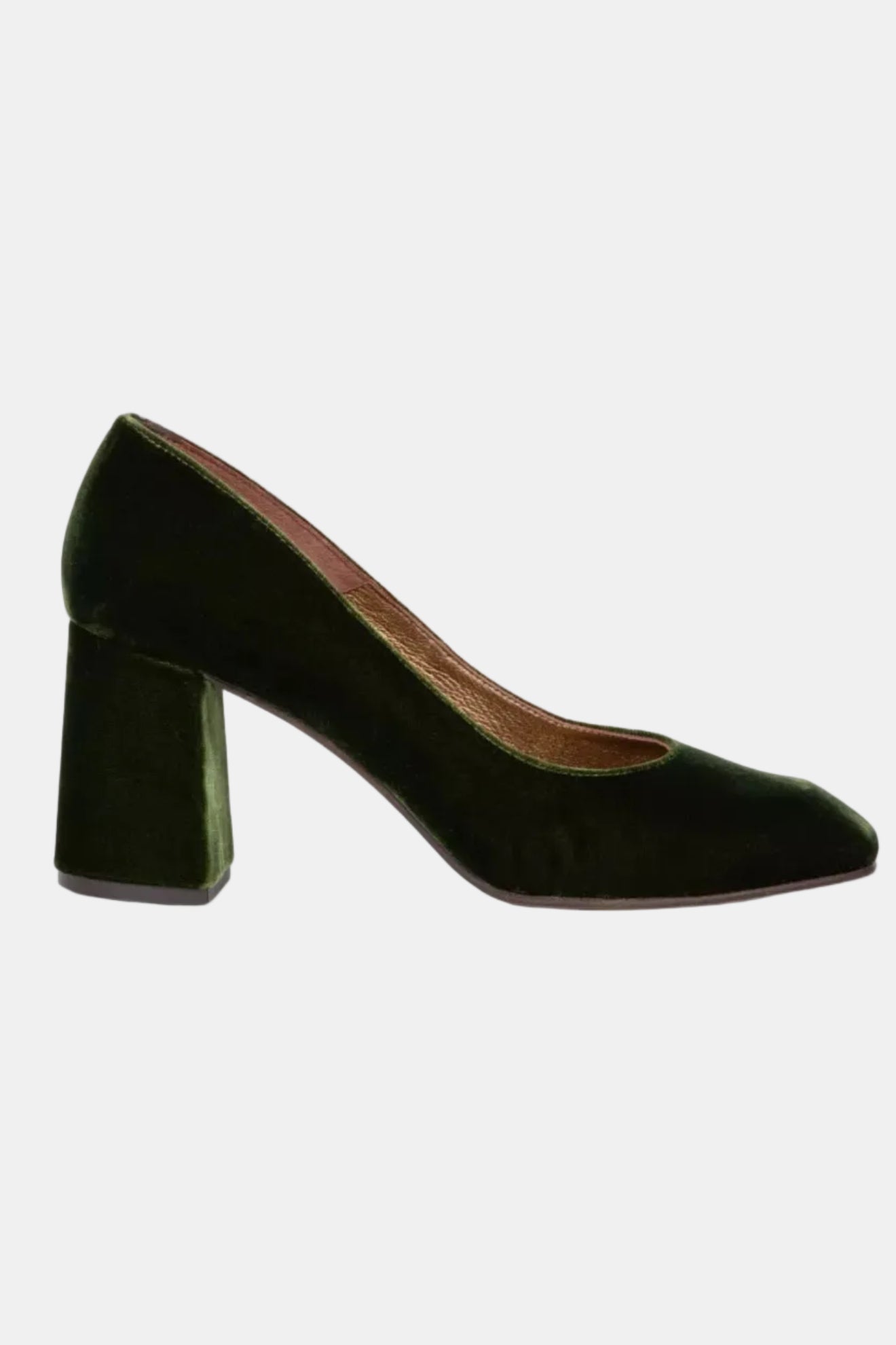 A khaki colored velvet high-heeled shoe with a leather sole and metallic lining, photographed against a white background.