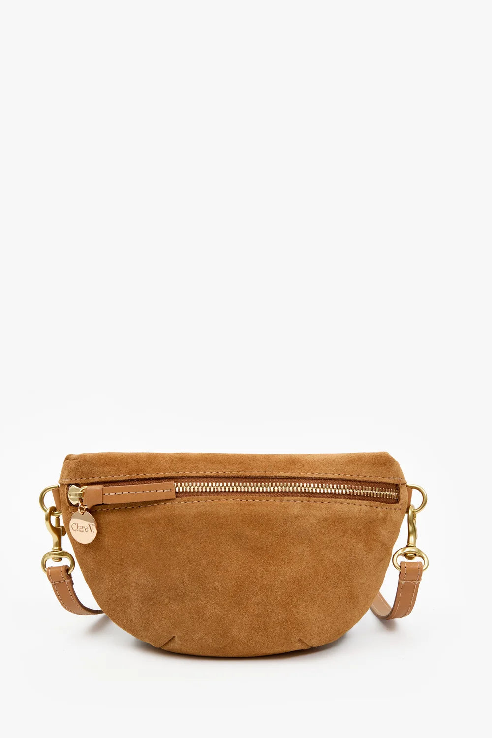A small tan suede half-moon belt bag with a top zipper, gold-tone hardware, and a matching adjustable shoulder strap, shown against a plain white background.