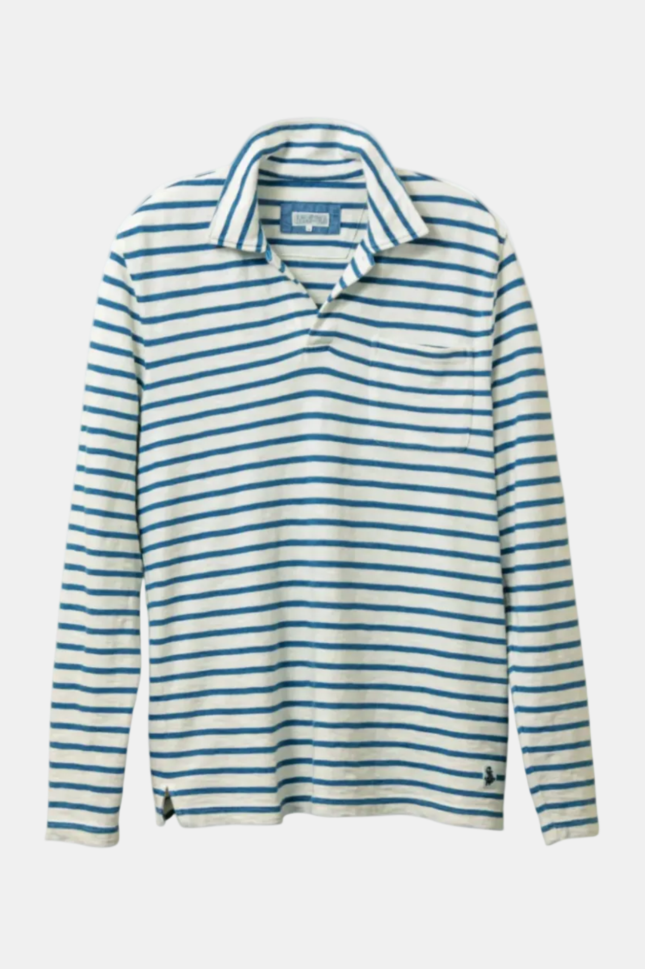 A long-sleeve polo shirt with horizontal blue and white stripes, featuring a classic collar and a chest pocket, shown against a plain white background.