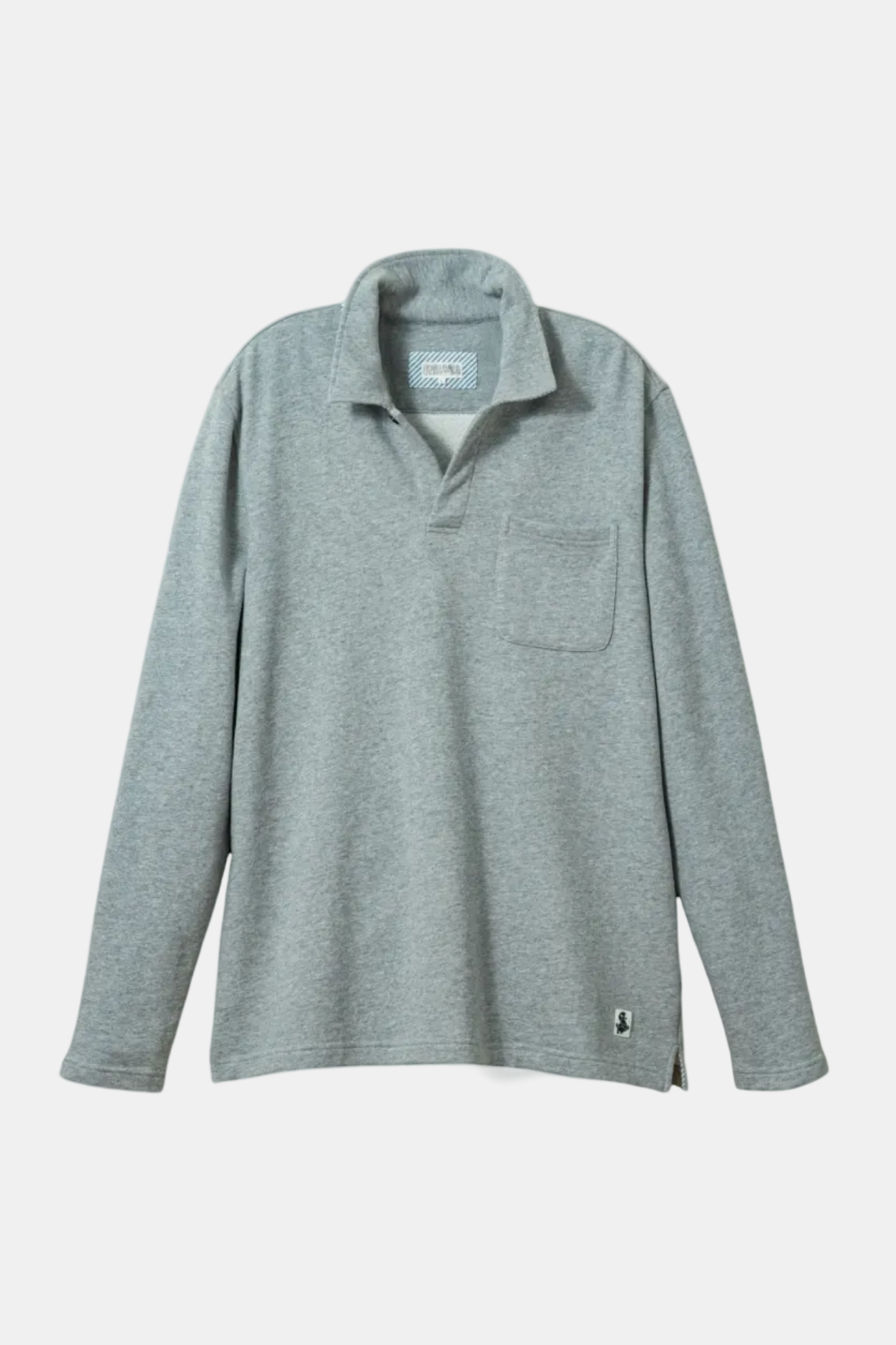 A light gray heather long-sleeve polo shirt with a single chest pocket, displayed flat against a solid white background.