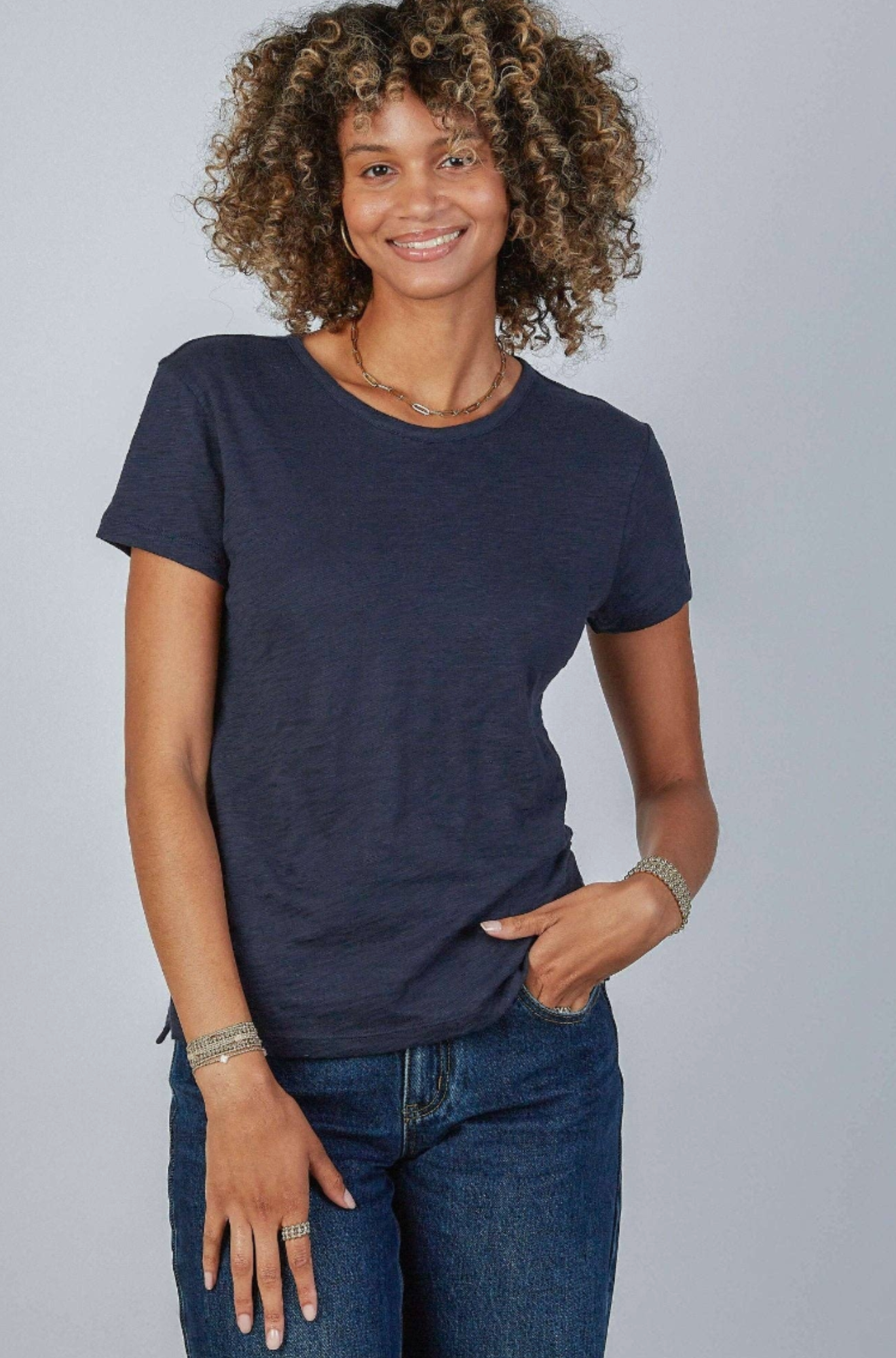 Short Sleeve Jeans Crew in Pima Cotton Navy