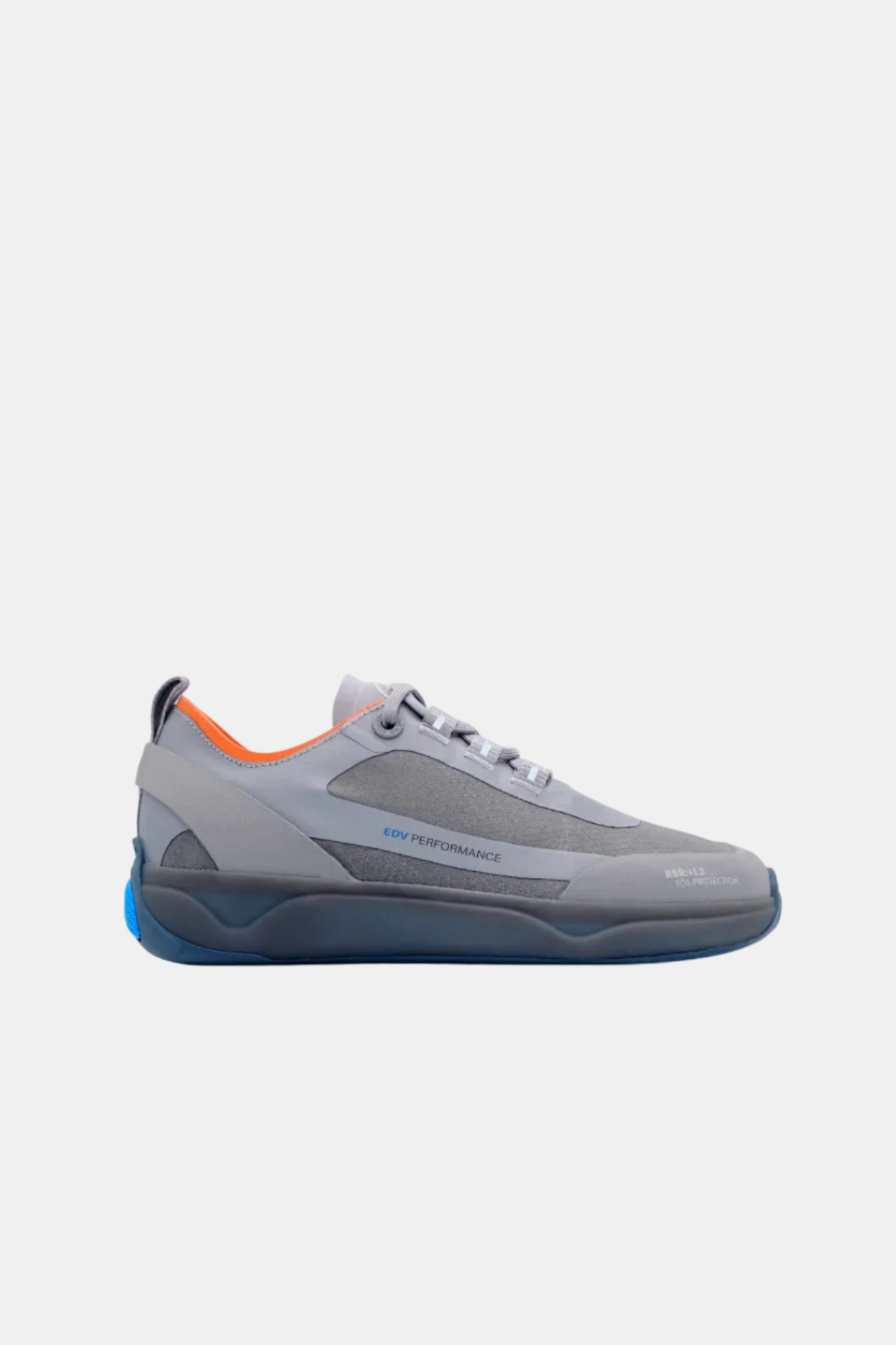 Gray athletic shoe with blue sole on a white background
