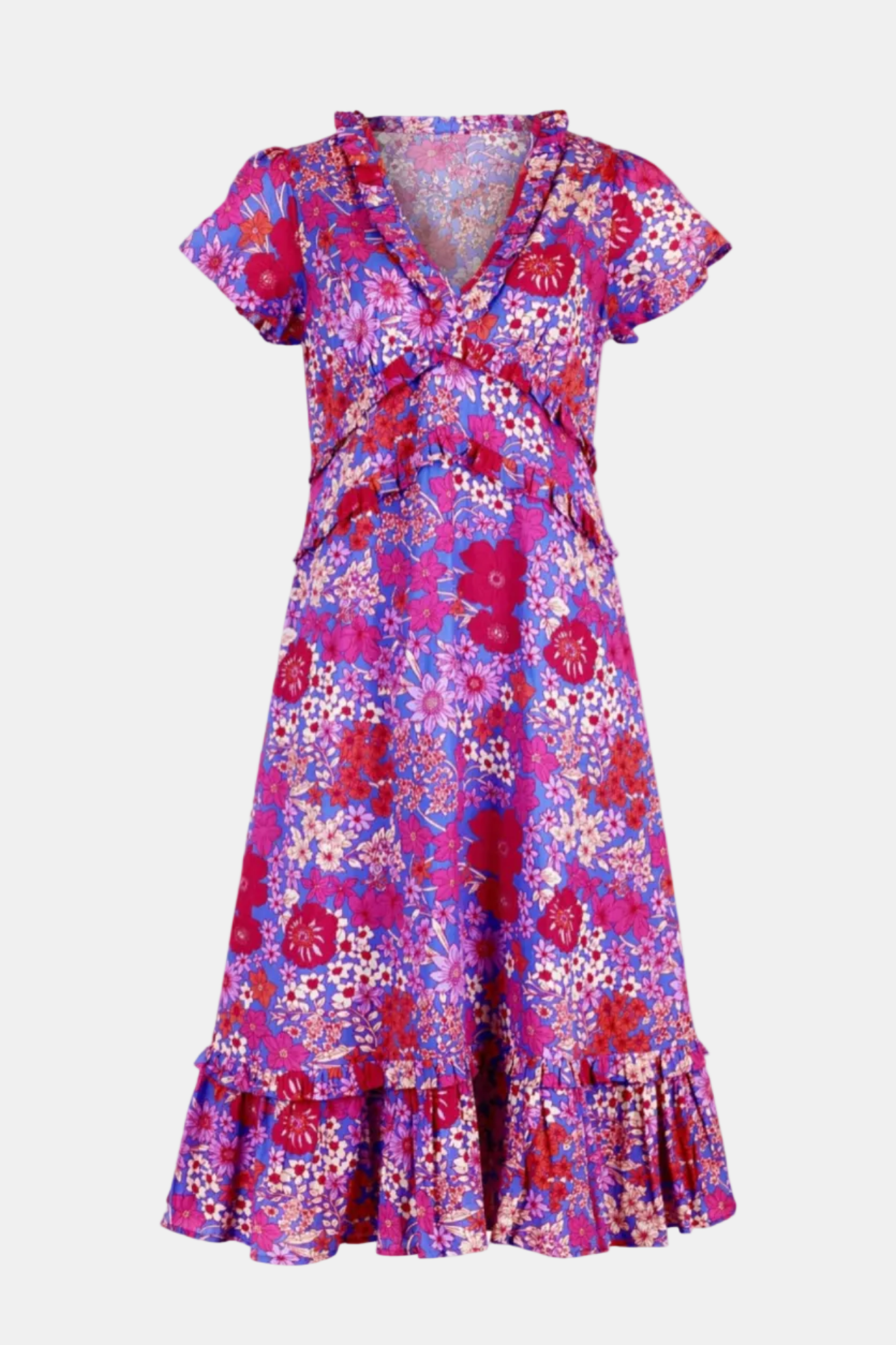 Floral dress with a colorful pattern on a white background
