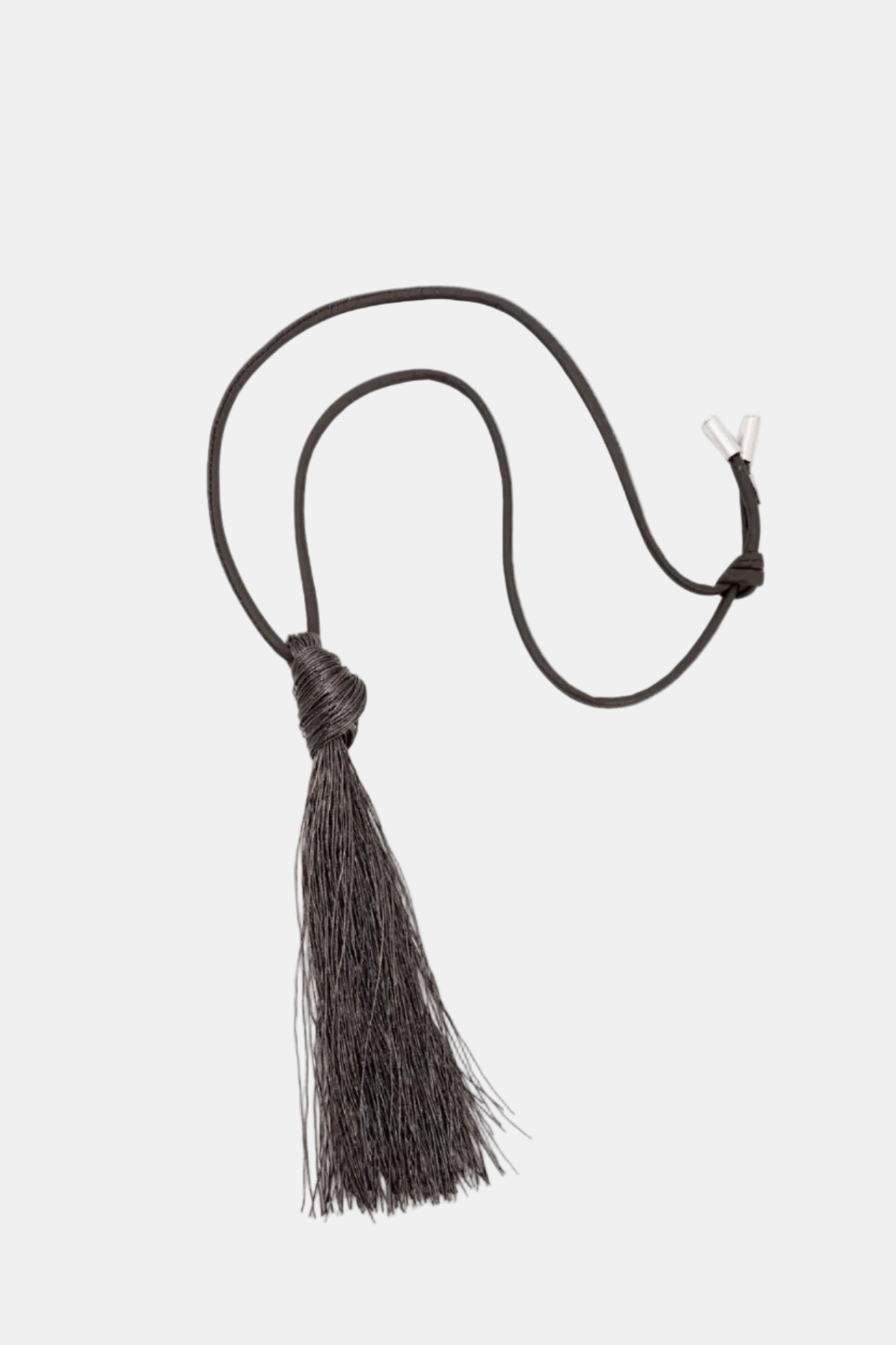 Black leather lanyard with a tassel on a white background