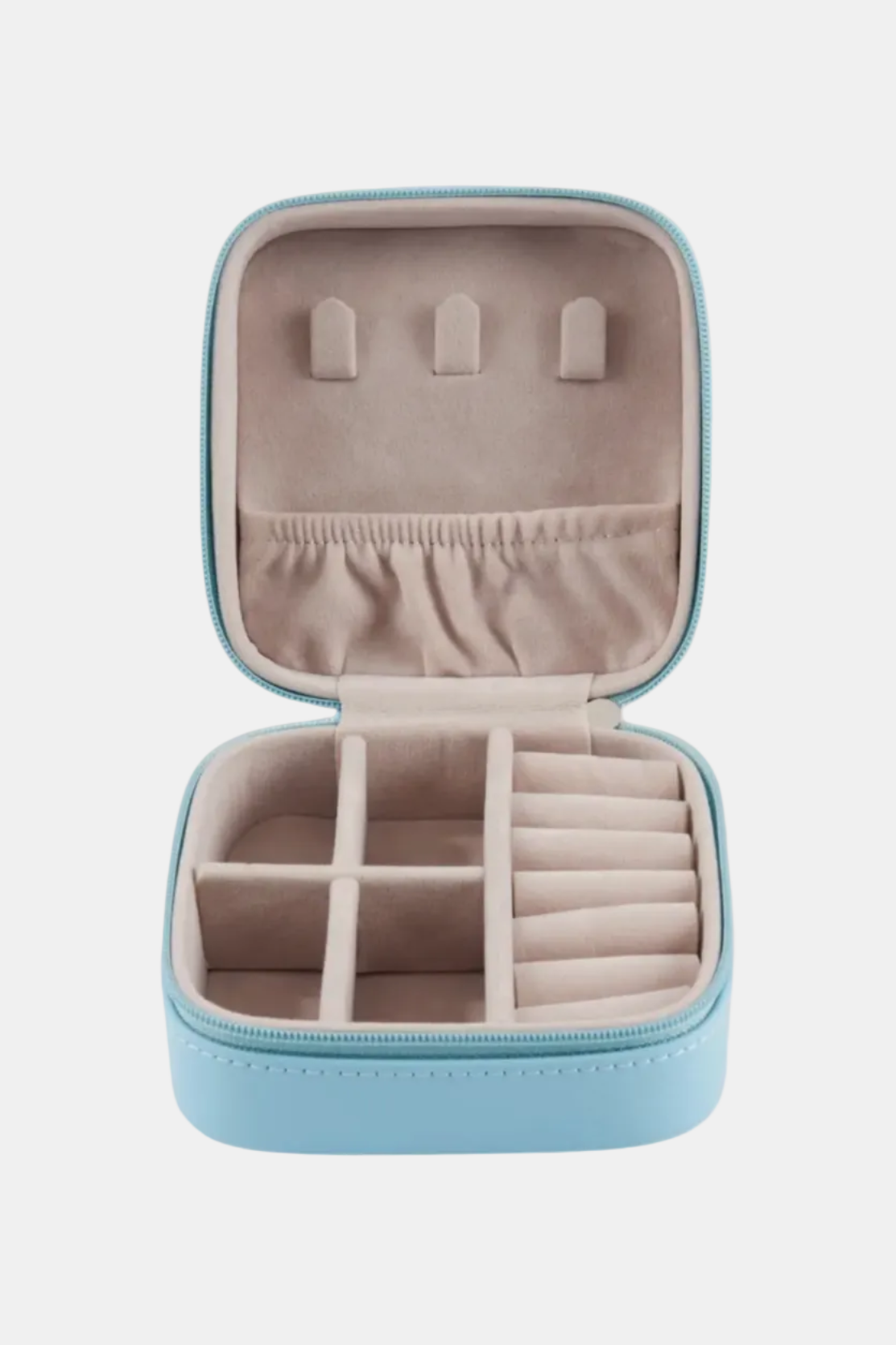 A light blue zippered jewelry organizer case shown open, featuring a beige velvet interior with multiple compartments, ring rolls, and three small top hooks, set against a plain white background.