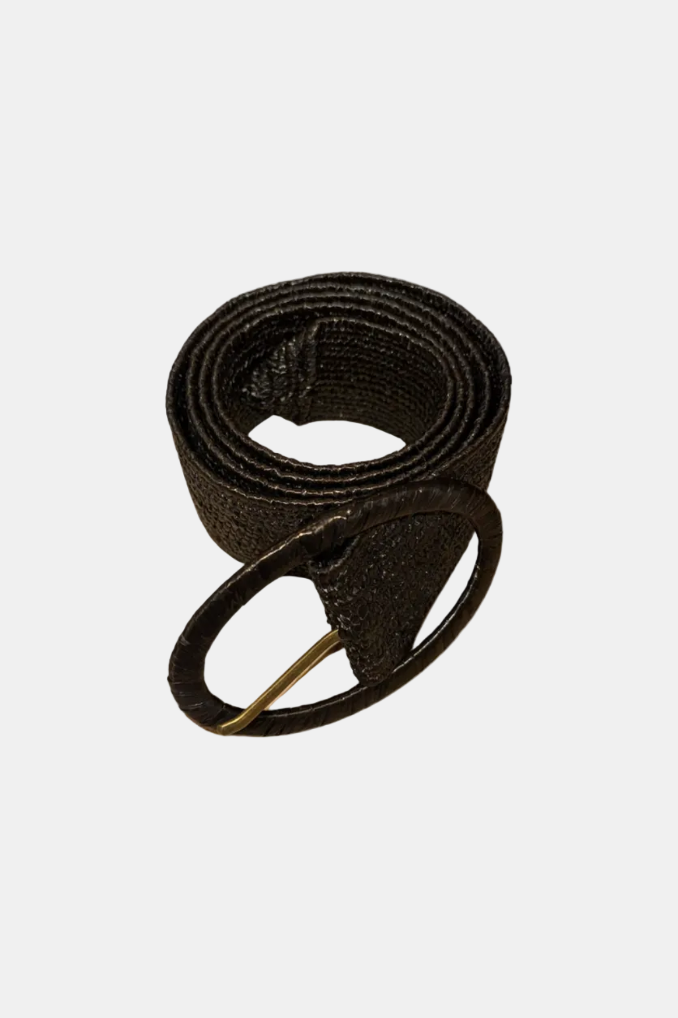 A rolled black woven strap with a matching black loop and a small gold-toned metal accent, shown on a plain white background.