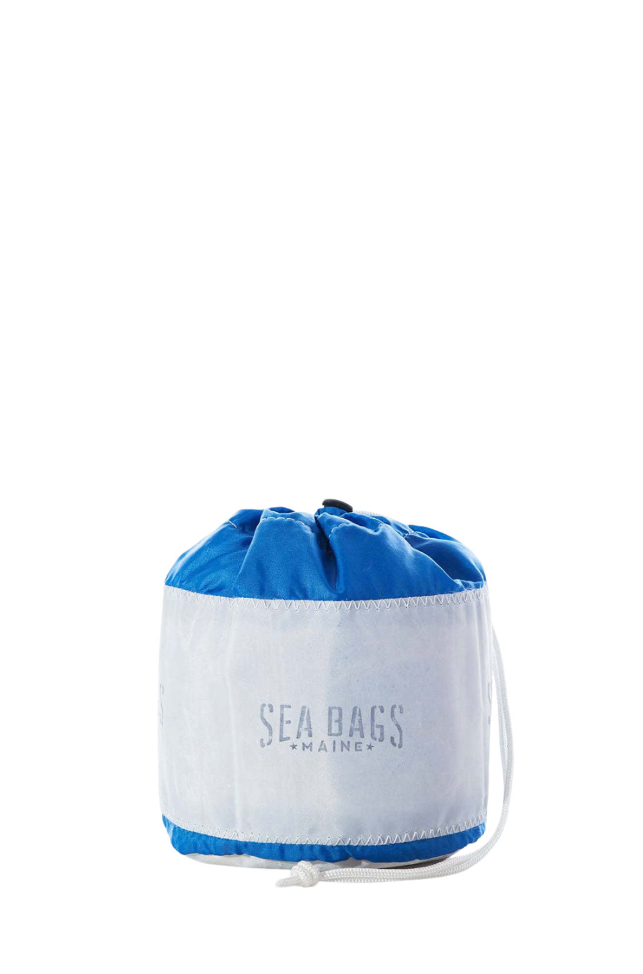 Blue and white drawstring bag with 'Sea Bags Maine' branding on a white background