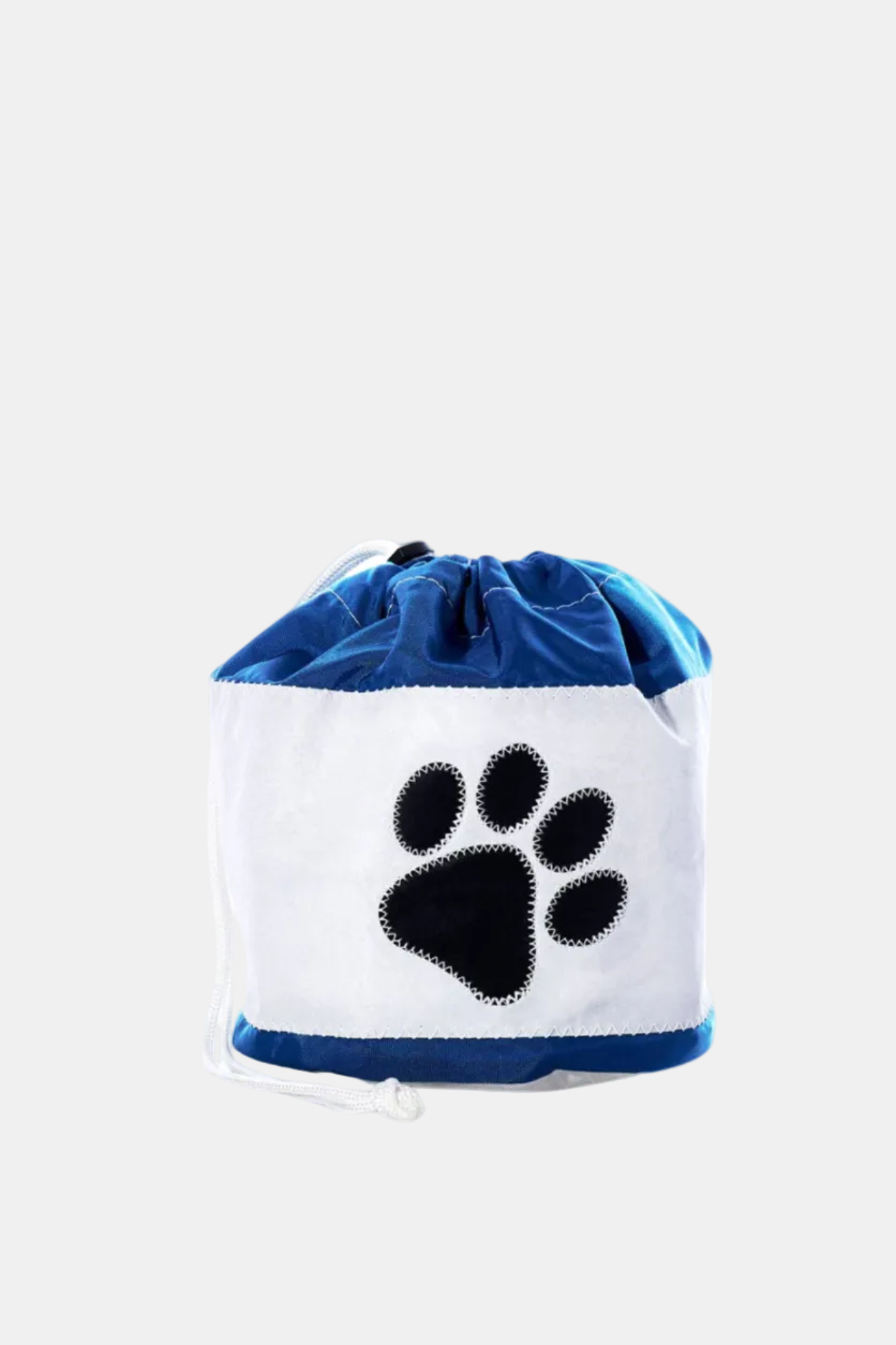 Drawstring bag with a black paw print on a white background