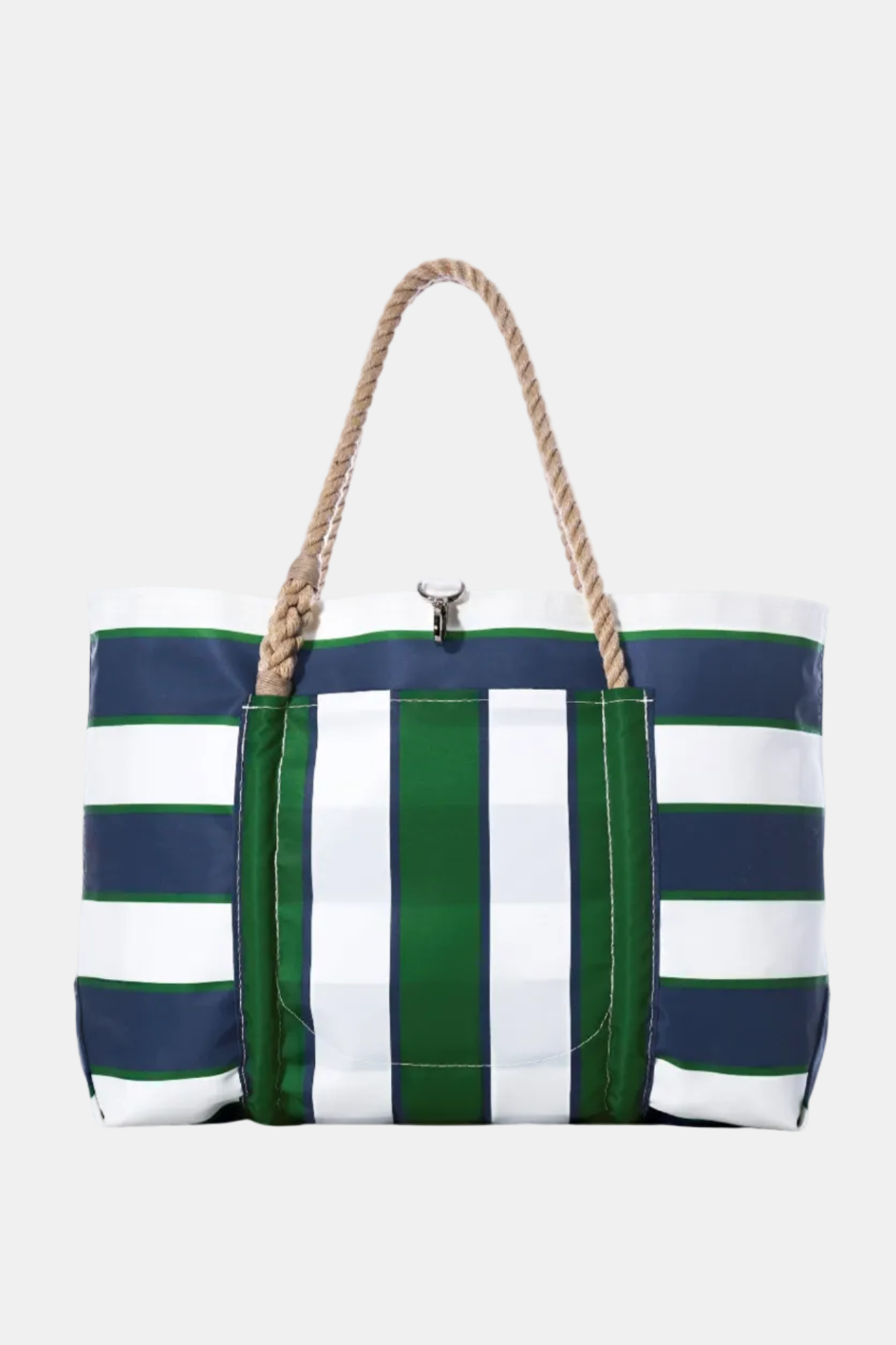 Striped tote bag with green and white stripes and a rope handle on a white background