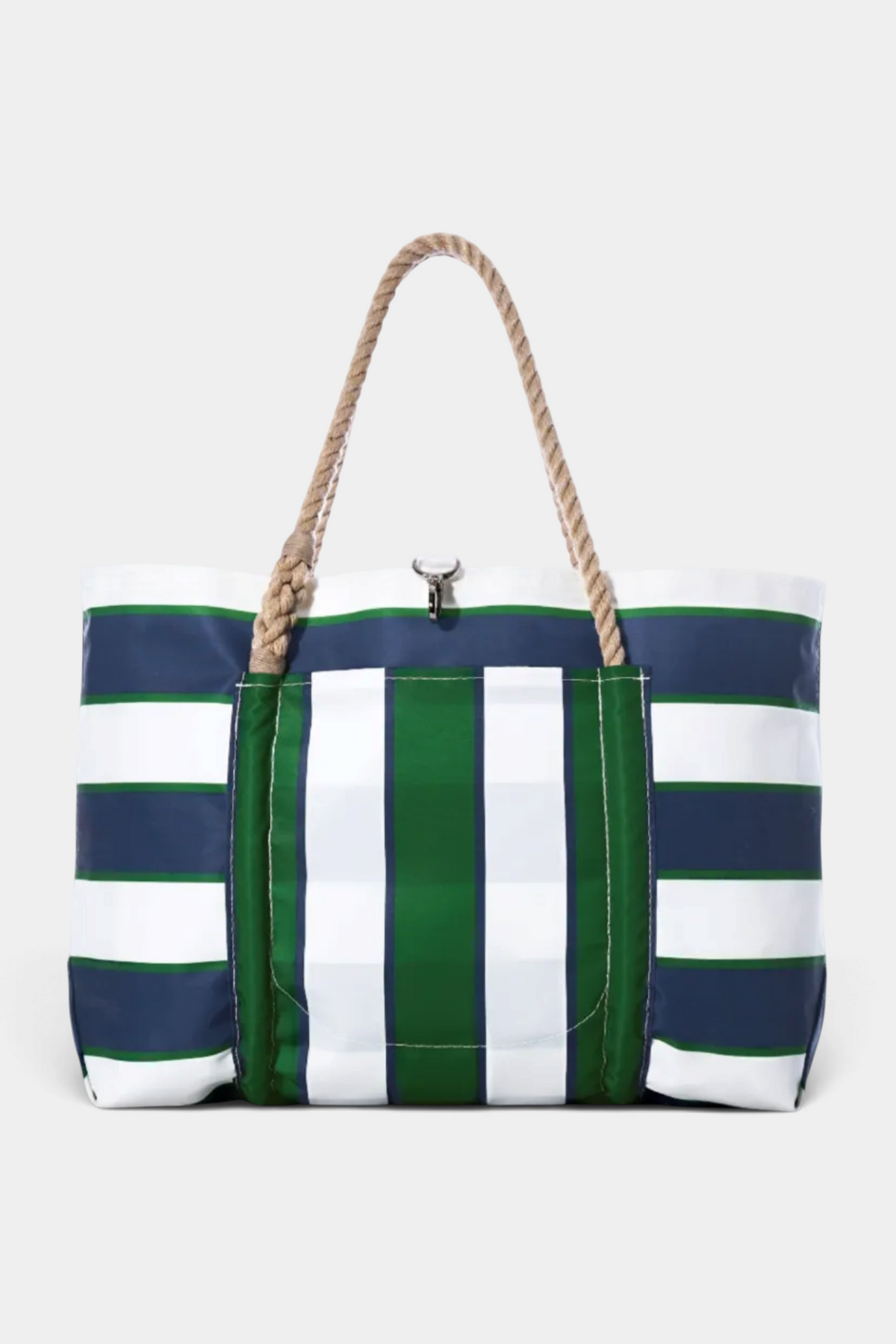 Striped tote bag with green and white stripes and a rope handle on a white background