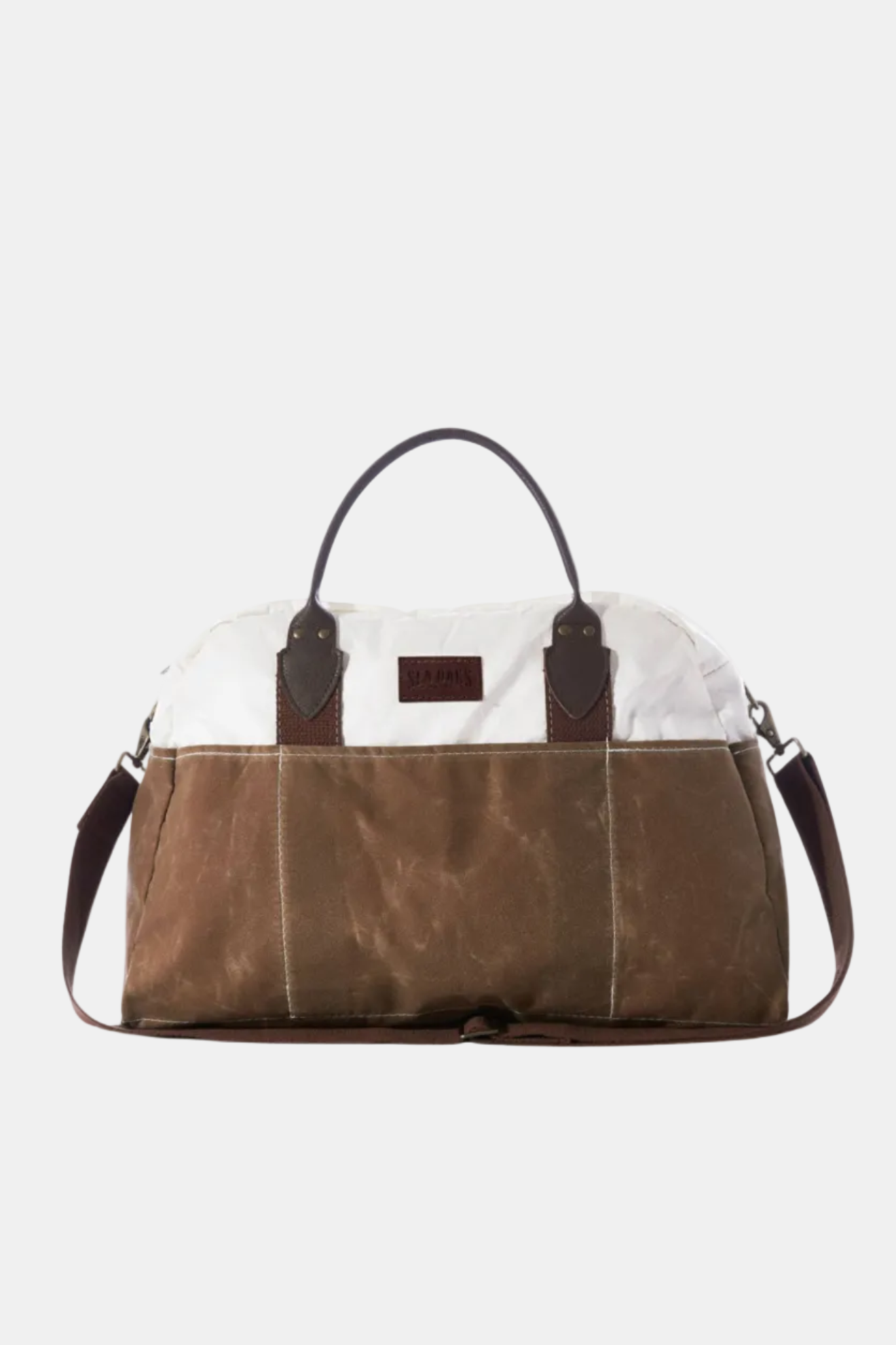 Brown and white handbag with a visible brand logo on a white background