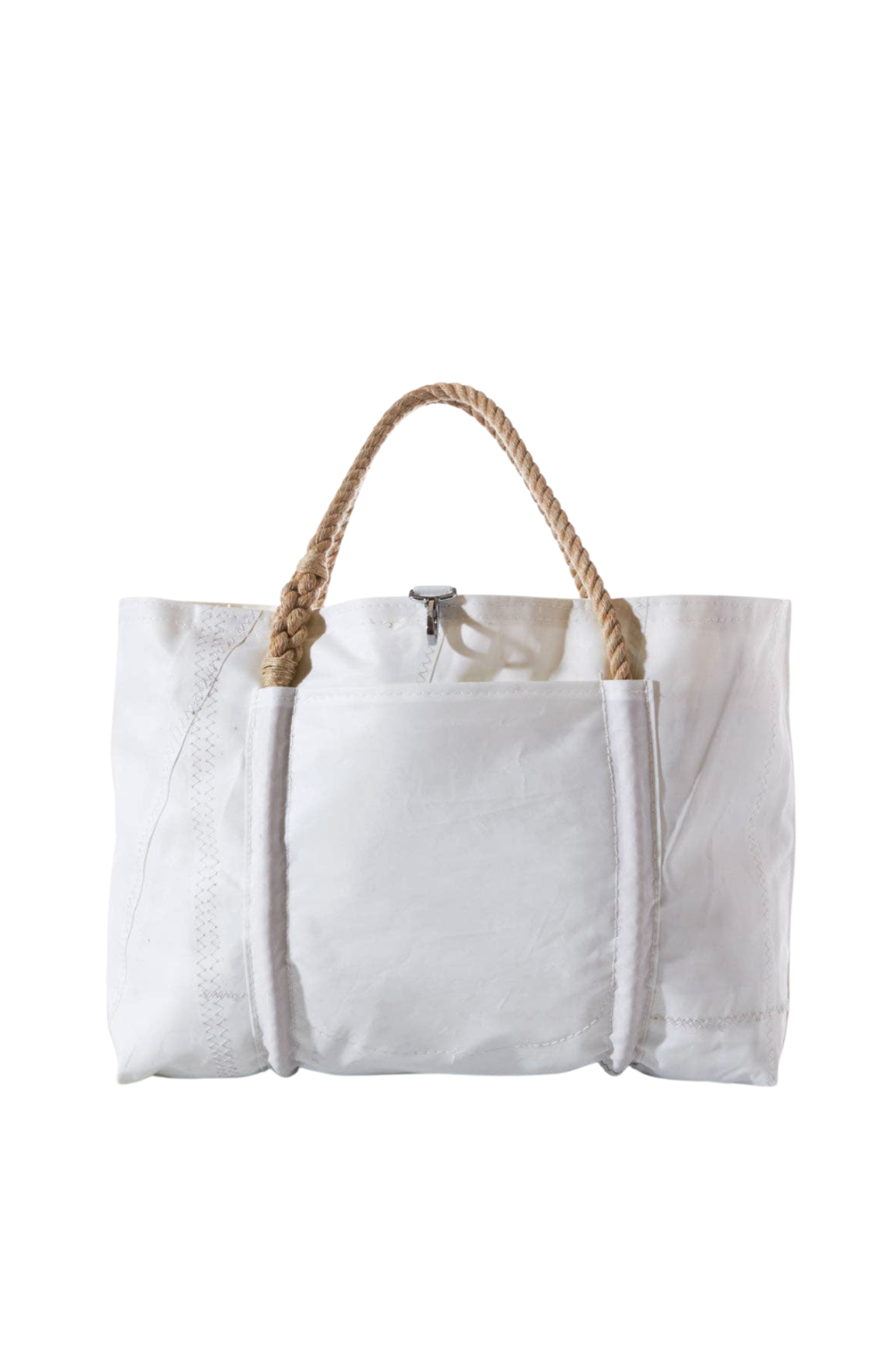White tote bag with a rope handle on a white background