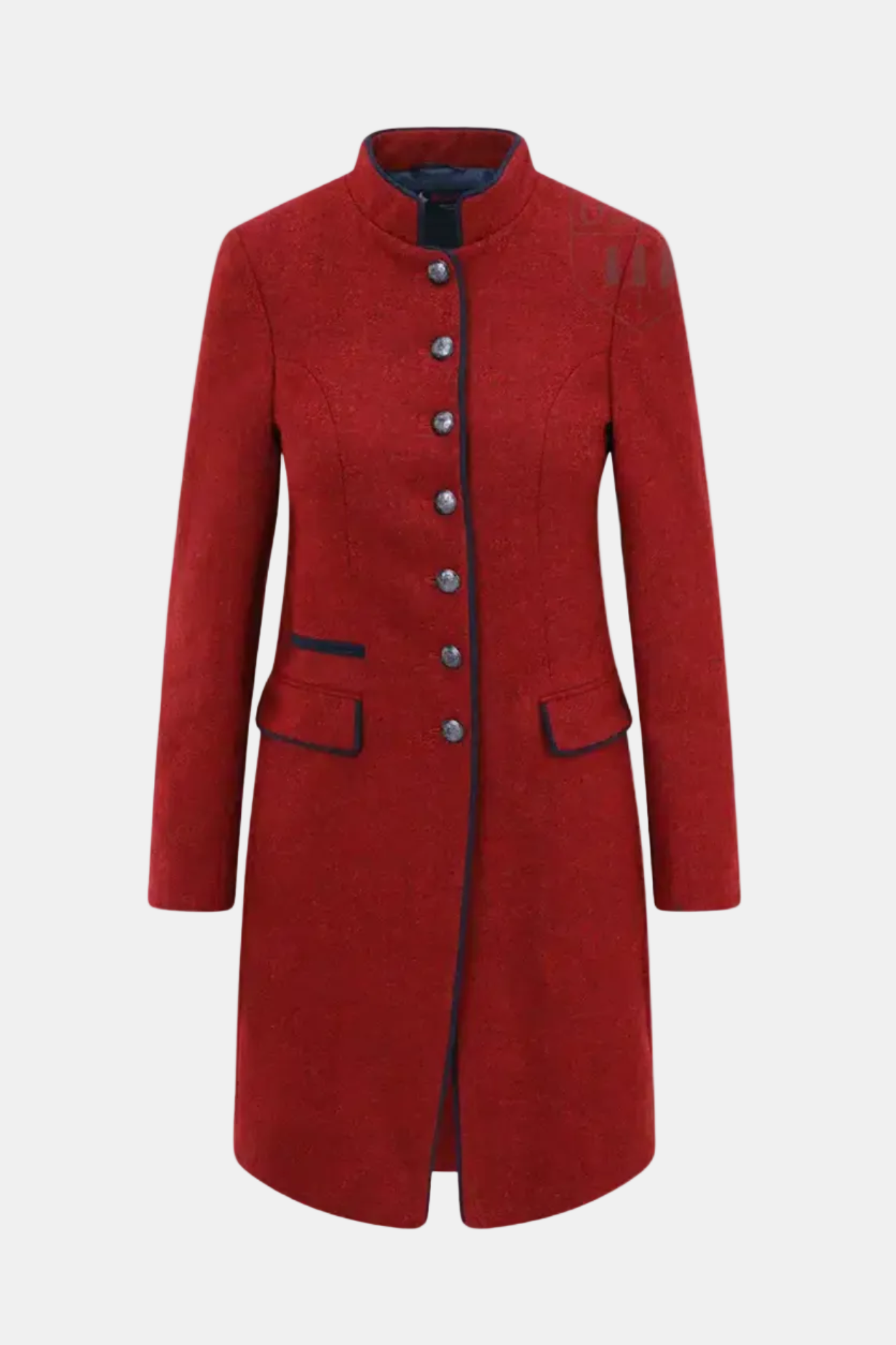 Red coat with black trim on a white background