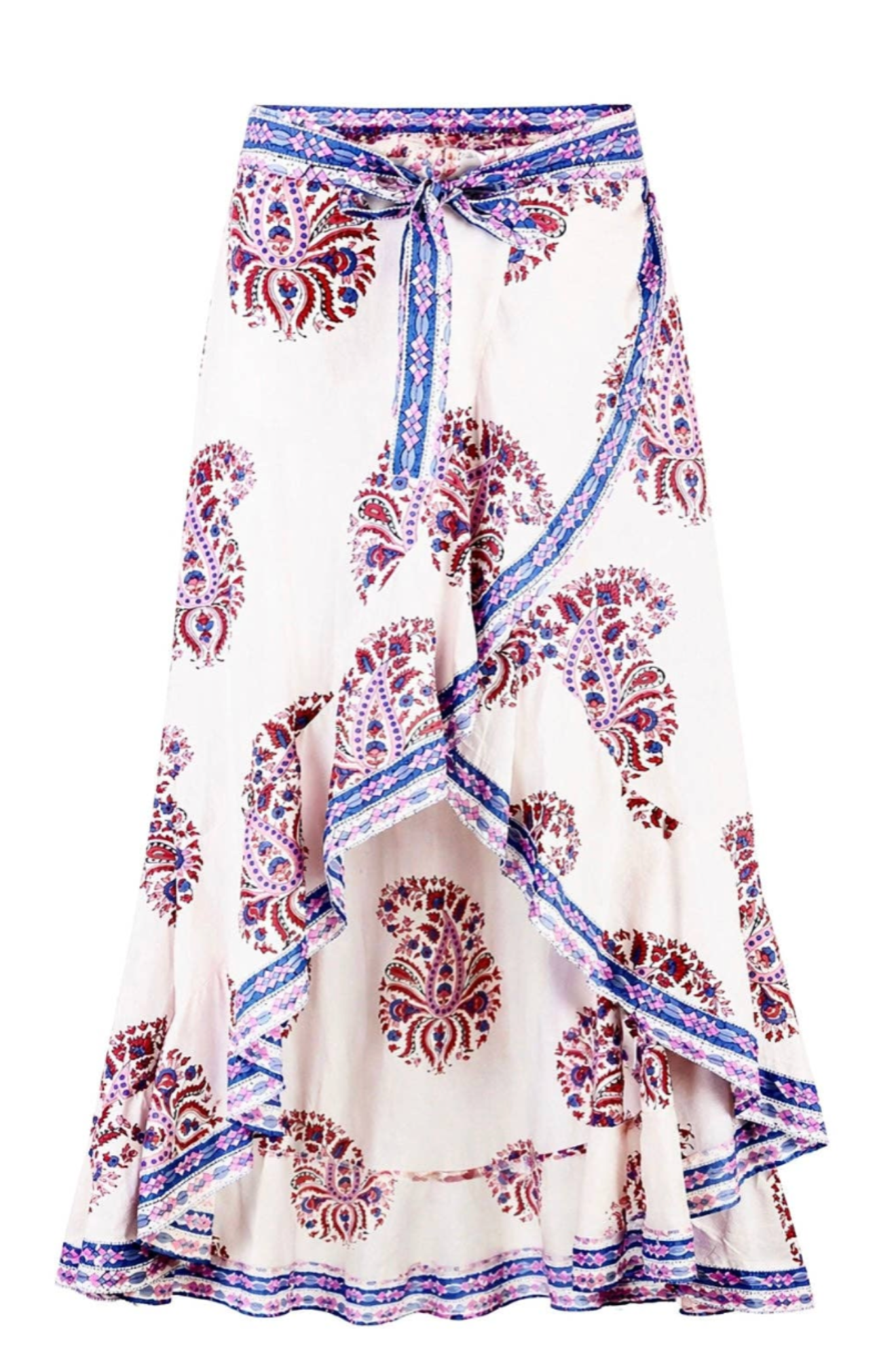 Sheridan Faux Wrap Skirt - Mughal Paisley Block Print, White, Pink and Periwinkle