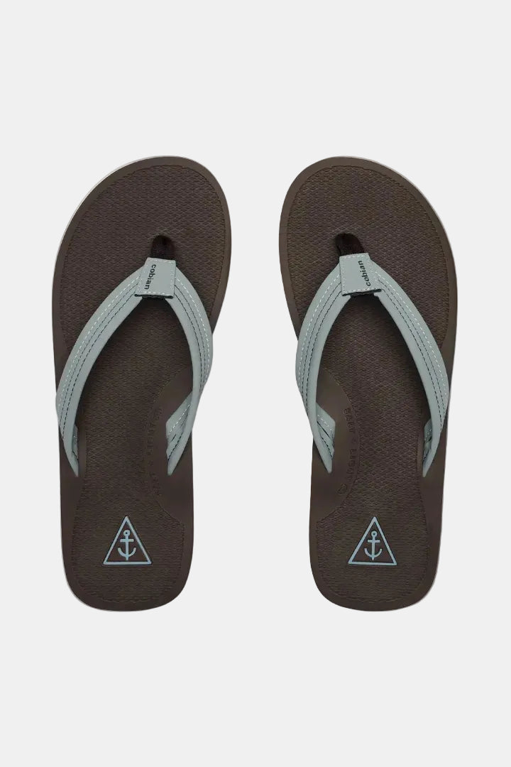 Pair of brown flip-flops with gray straps on a white background