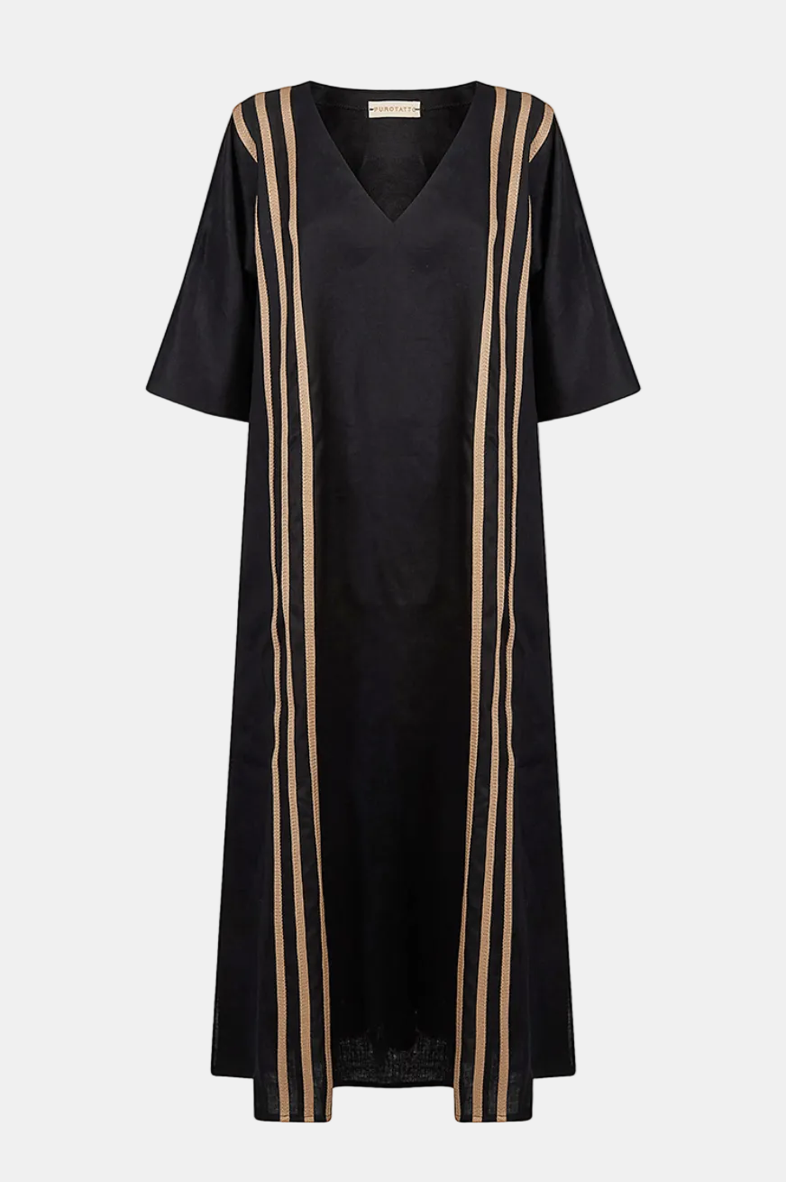 Black dress with beige stripes on a white background