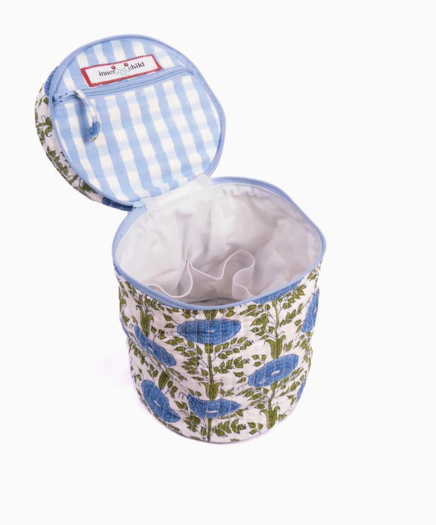 Blue Araminta Round Upright Makeup Bag