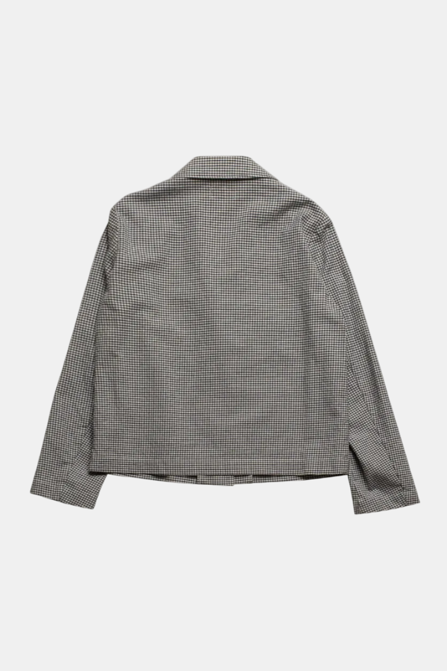 Back view of a gray checkered shirt on a white background