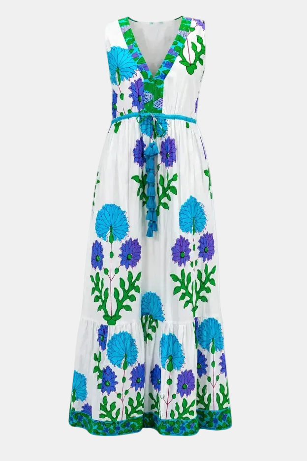 Long floral dress with blue and green flowers on a white background