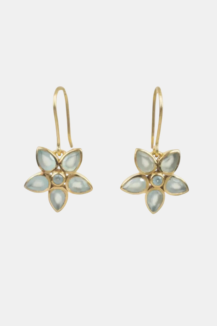 A pair of gold flower-shaped drop earrings with pale blue-green cabochon stones, shown on a plain white background.