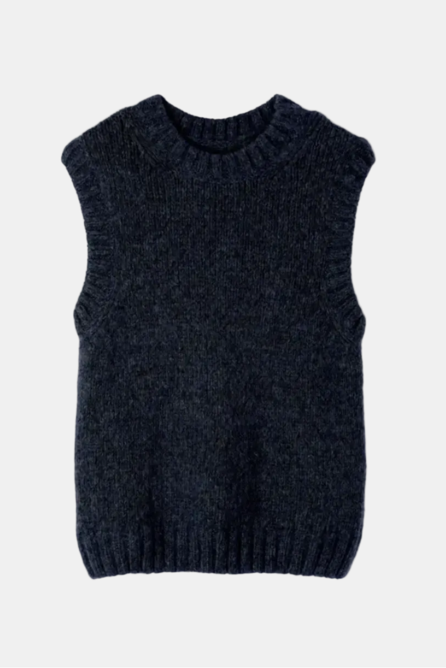 A sleeveless, ribbed-knit sweater vest in a dark navy blue heathered fabric, shown flat against a light off-white background.