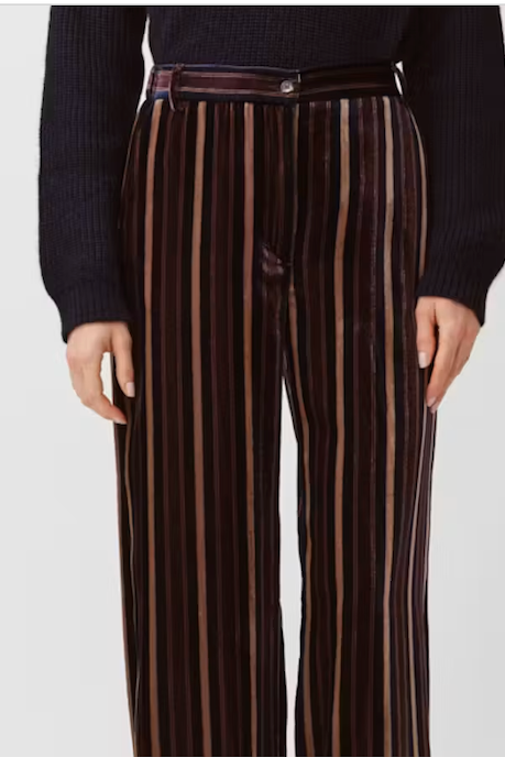 A person wearing high-waisted wide-leg trousers in a dark brown velvet fabric with vertical tan and black stripes, paired with a matching striped belt and a dark ribbed sweater, shown against a light gray studio background.