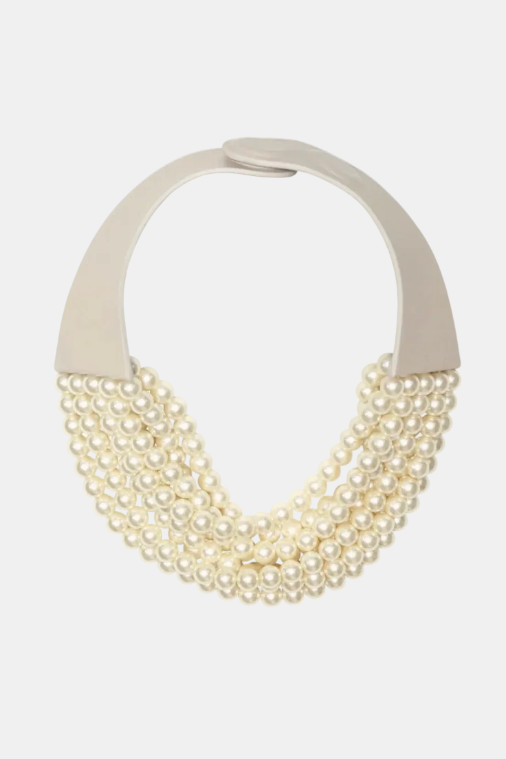 A statement collar necklace featuring multiple strands of cream faux pearls draped over a wide, flat cream collar bar, shown on a plain white background.