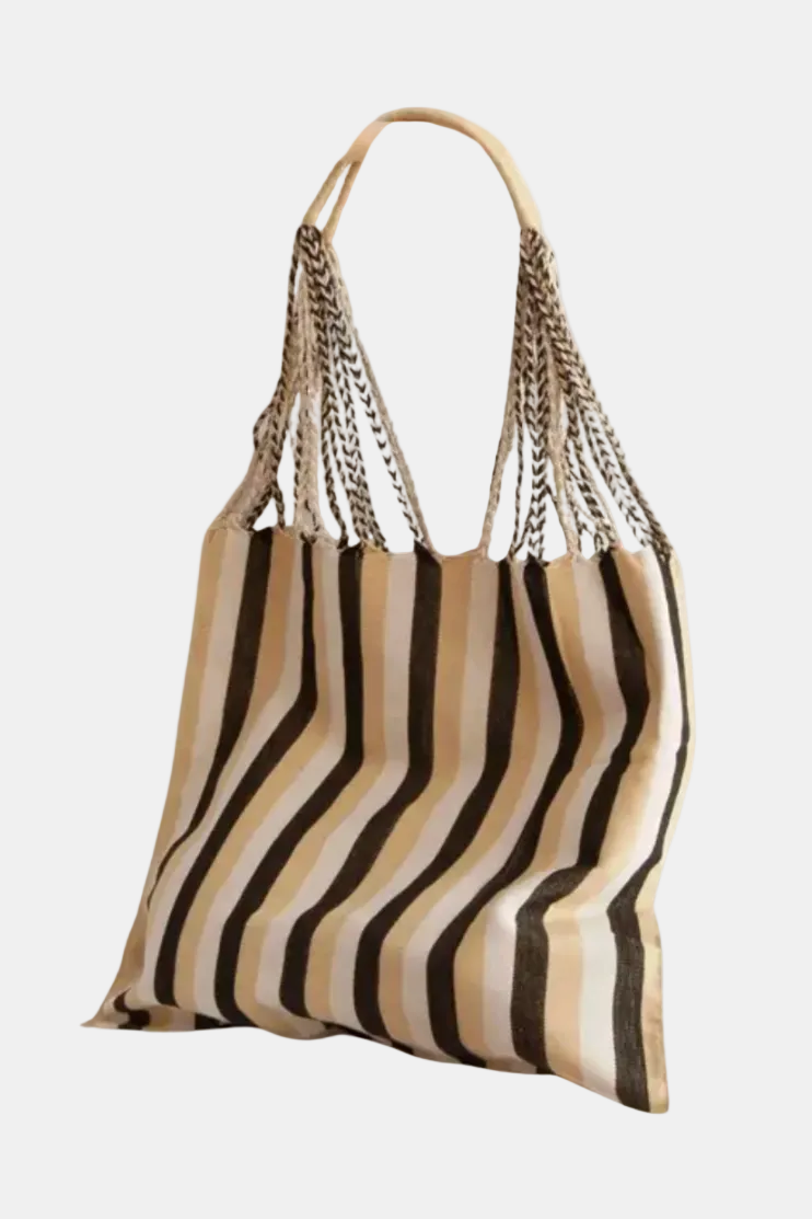 A striped fabric tote bag with dark brown and beige vertical stripes, featuring thick woven rope handles with braided chain details, shown on a plain white background.
