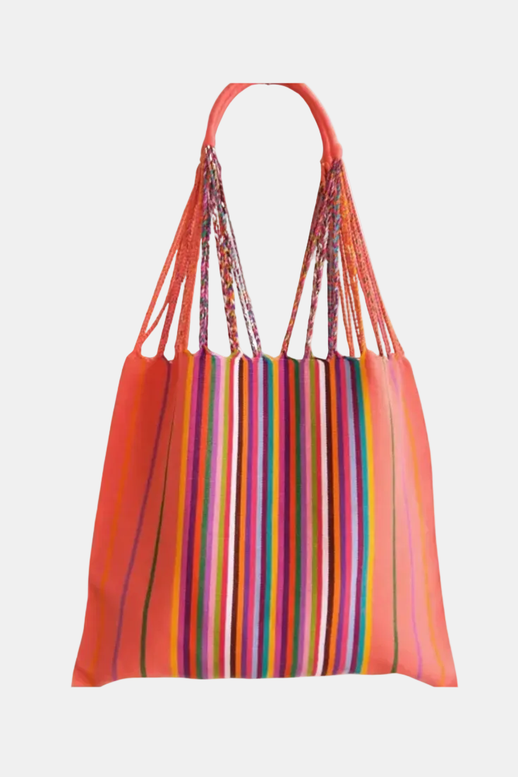 A vibrant orange tote bag featuring a central vertical stripe pattern in multiple colors, including pink, blue, green, yellow, and purple, with matching orange shoulder straps.