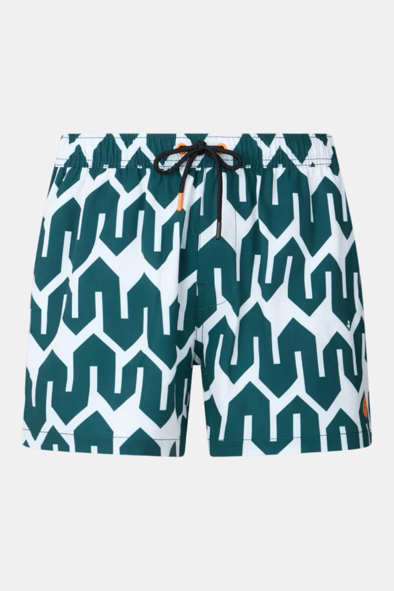 Teal and white patterned swim shorts on a white background