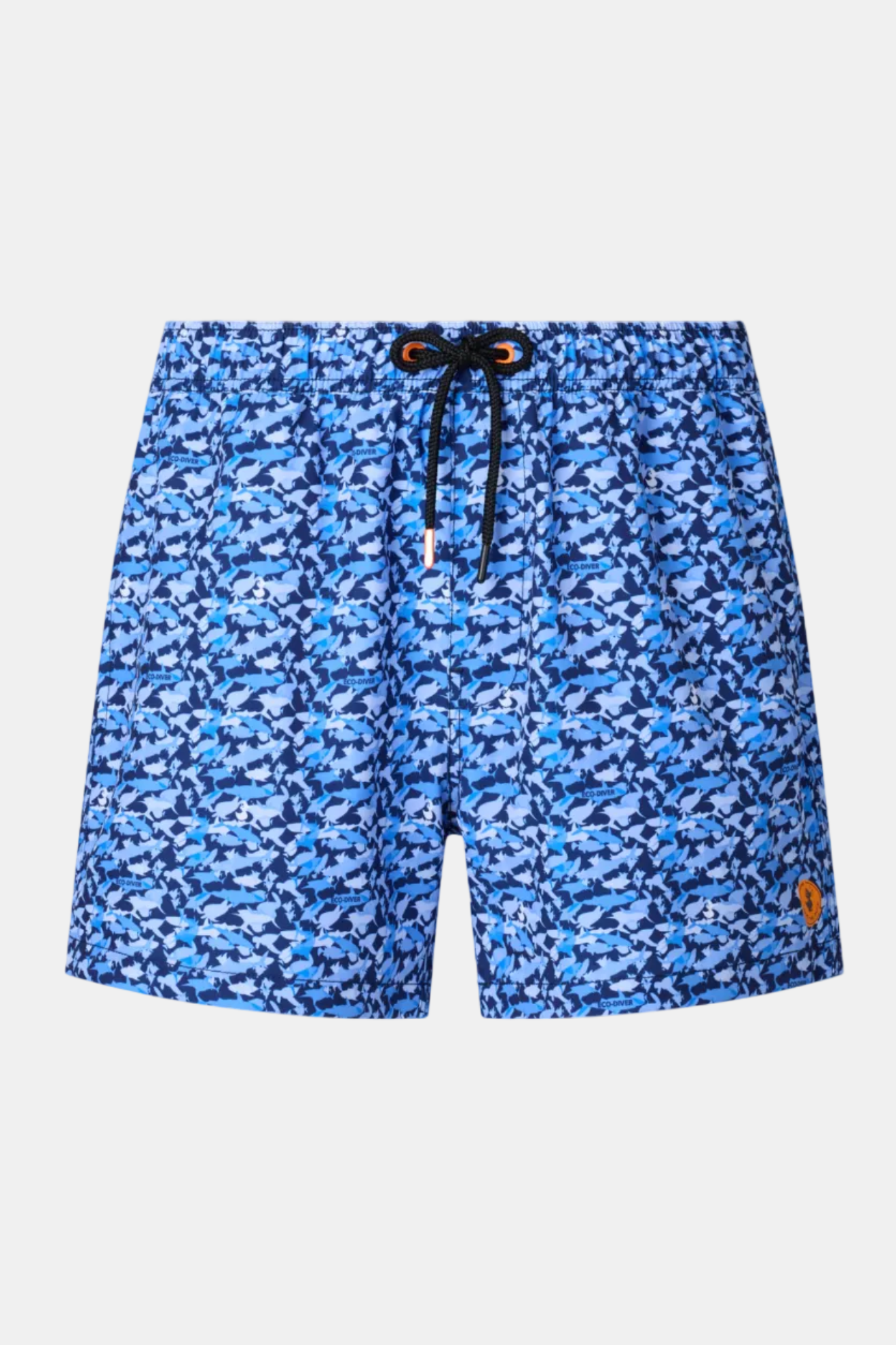 Blue camouflage patterned shorts on a white background