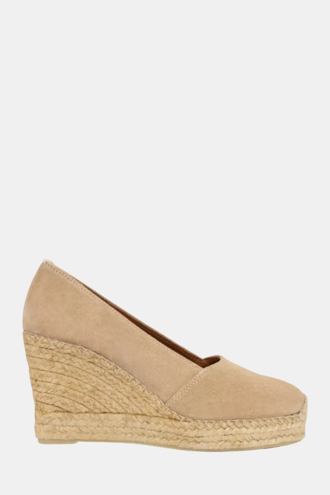 Beige wedge sandal with espadrille sole on a white background