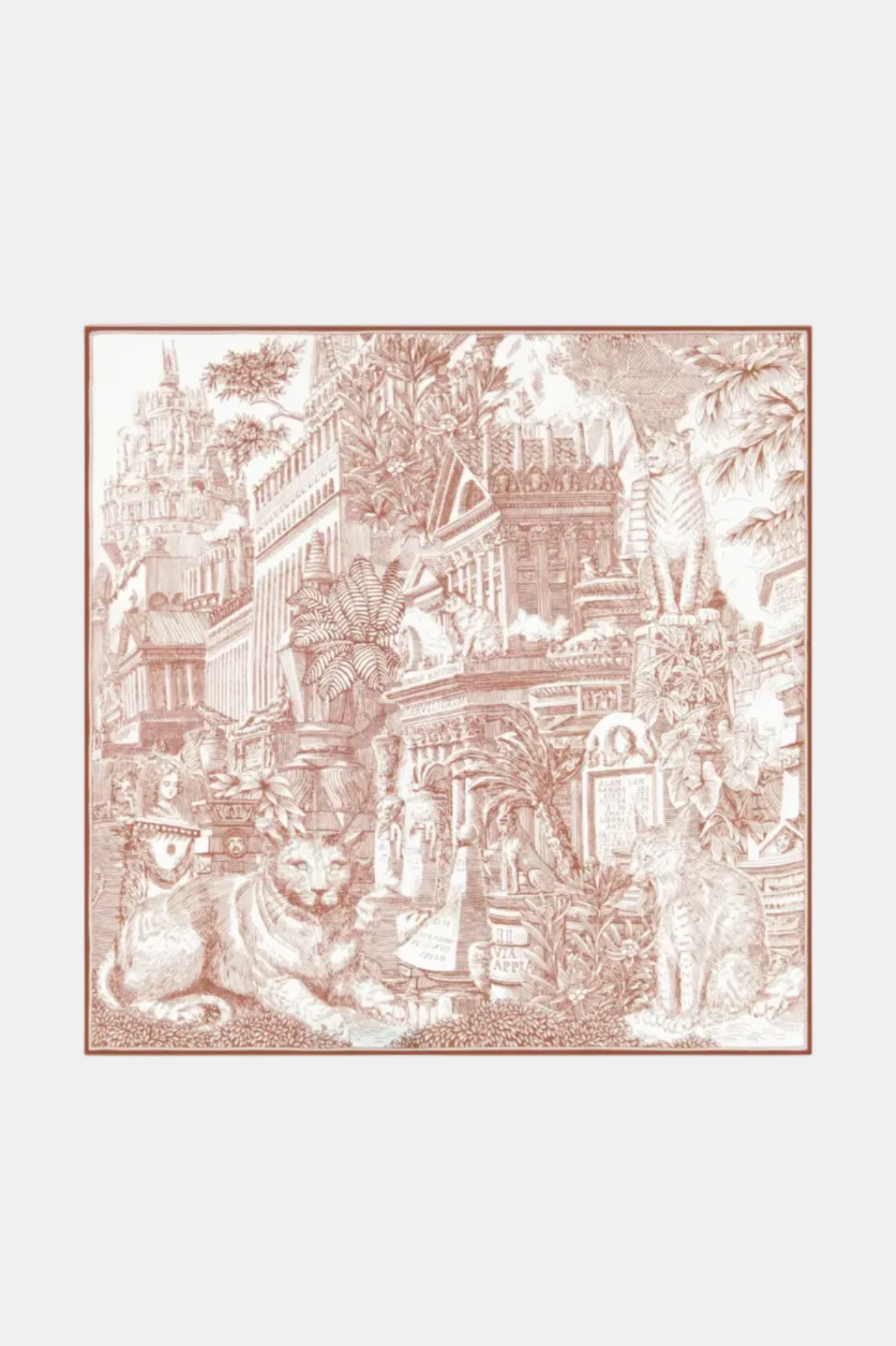 Vintage-style illustration of a cityscape with classical architecture and figures on a white background.