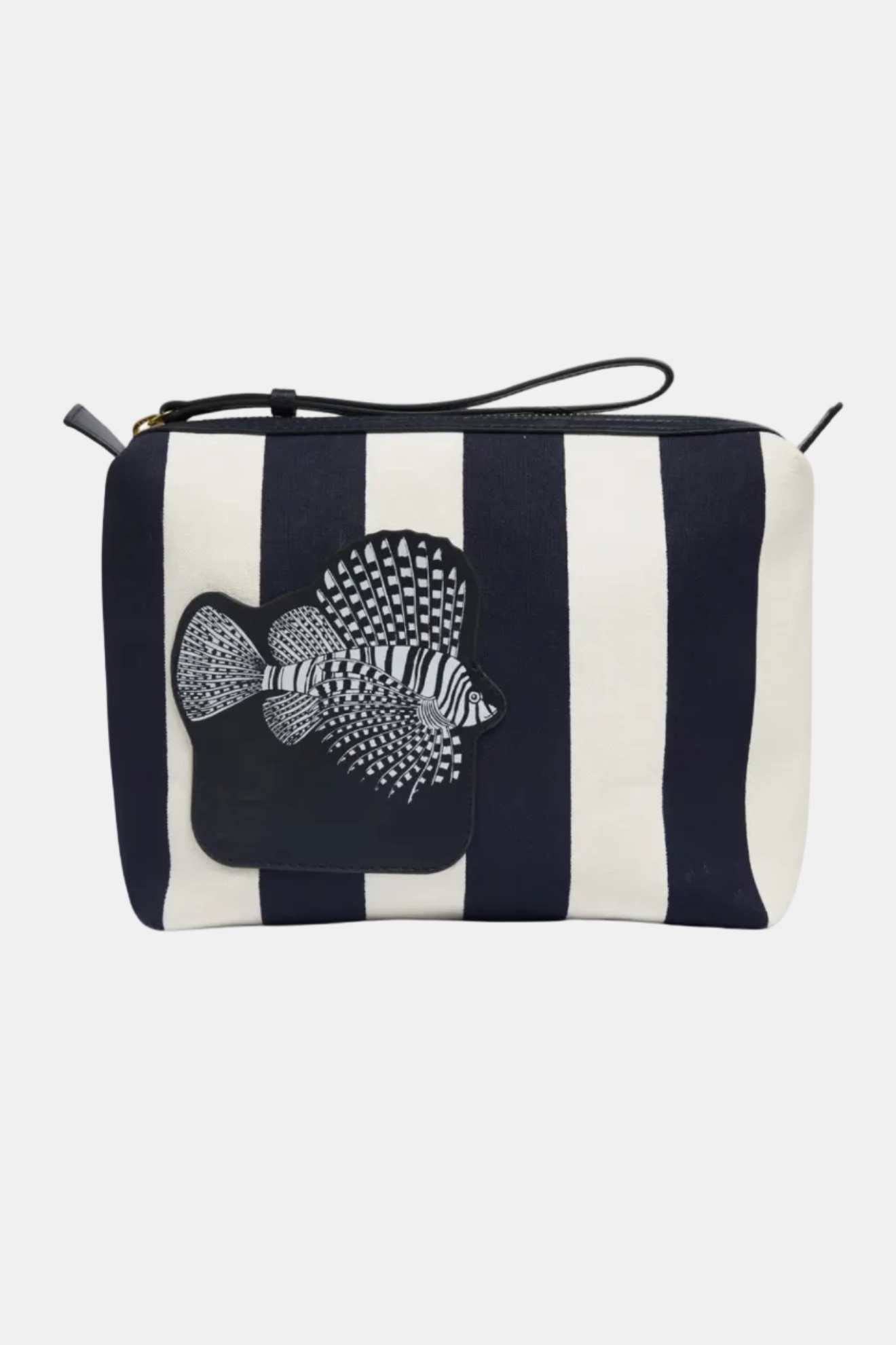 Striped pouch with a fish design on a white background